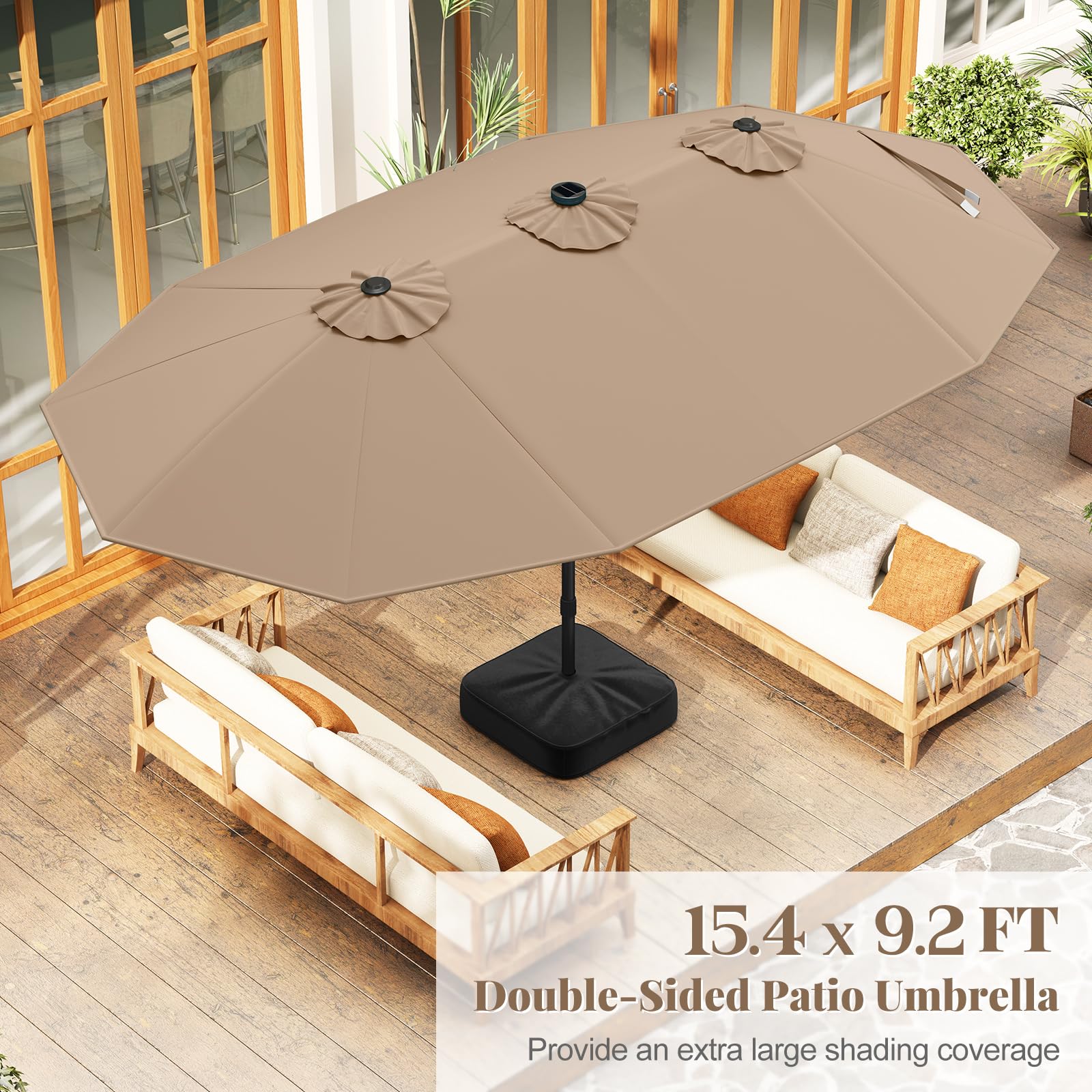 Tangkula 15FT Double-Sided Solar Patio Umbrella, Extra-Large Outdoor Twin Umbrella with 48 LED Lights, Vented Top, Crank Handle, 12 Ribs, Weighted Base Included for Backyard Poolside Deck (Tan) : Patio