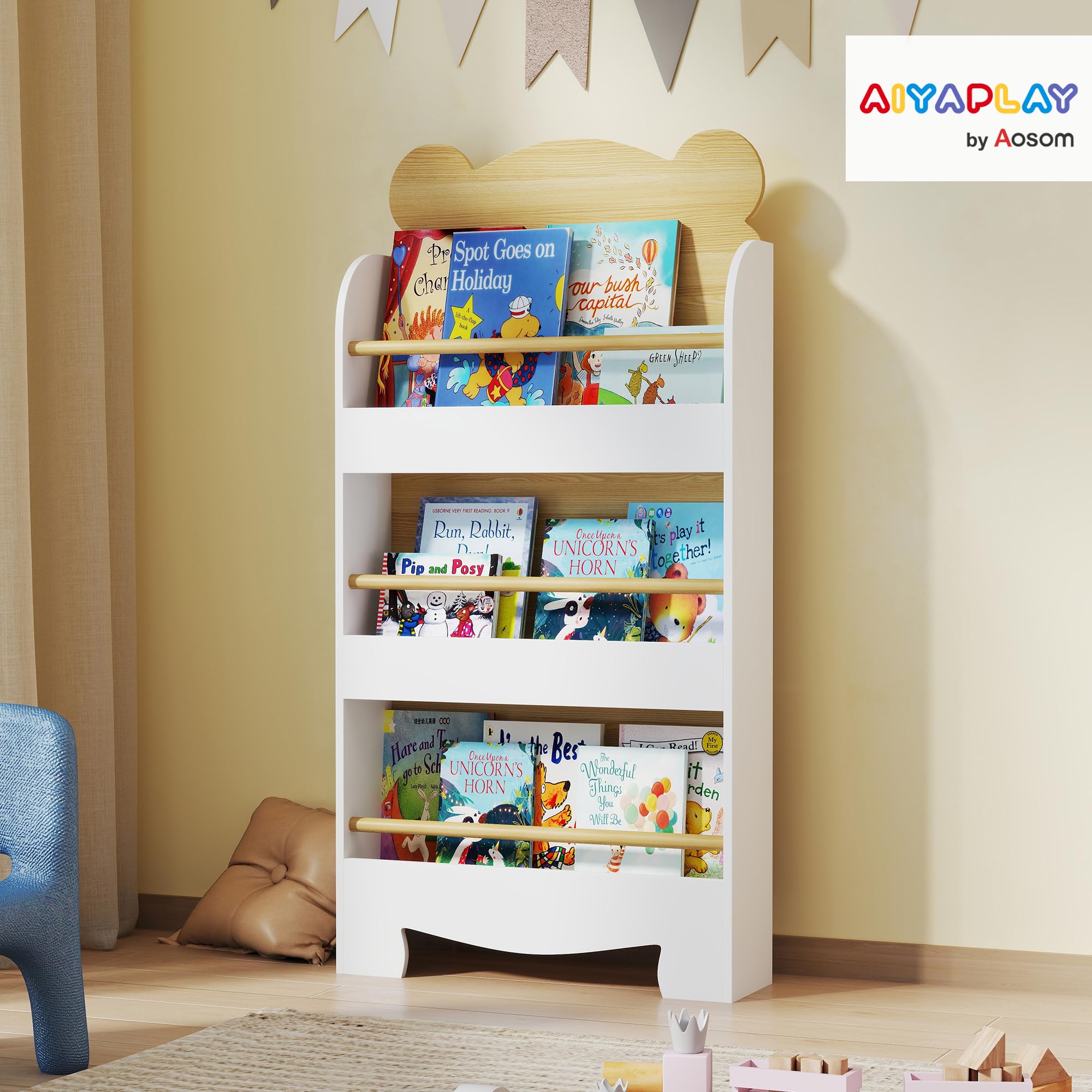 AIYAPLAY Libreria per bambini, libreria per bambini, 3 livelli, mobile portaoggetti a forma di orso, mensola per cameretta dei bambini, per sala giochi, cameretta dei bambini, legno naturale