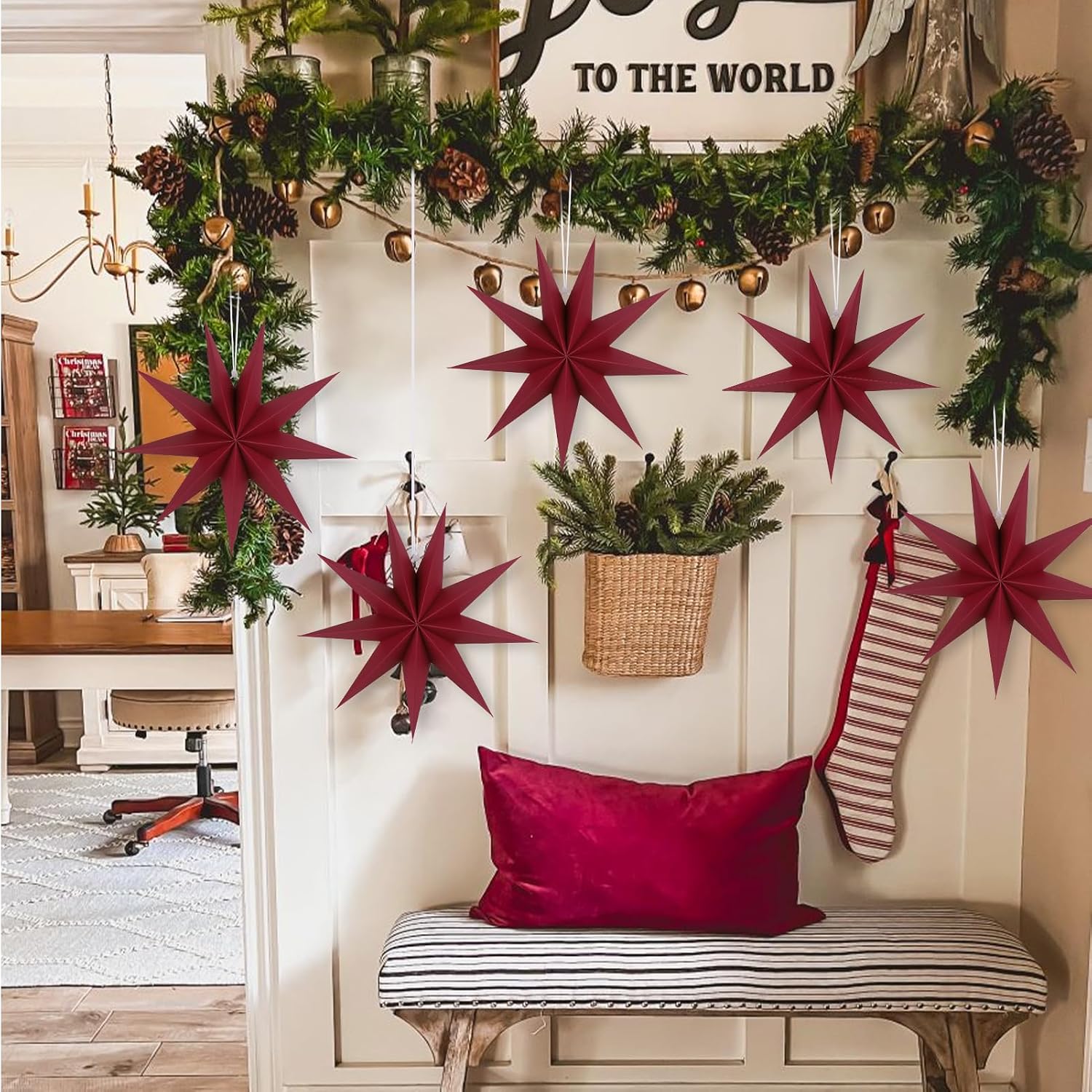 12 Inches 5 PCS Wine Red Paper Star Lanterns Christmas Party Decorations Hanging Stars Christmas Party Decorations Wedding Birthday Christmas Home Party Decorations(9 Pointed)