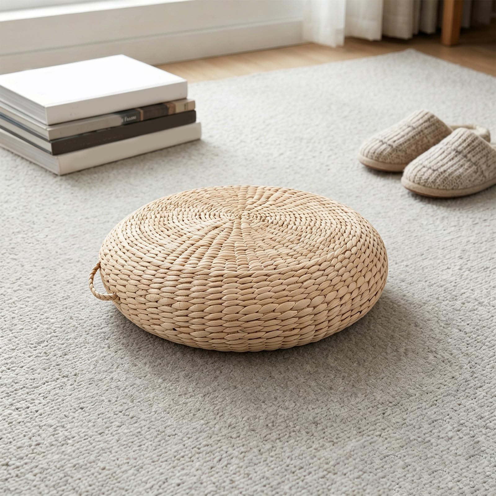 Cojín de Suelo: Cojín Tatami Redondo Tejido con Paja, Esterilla Acolchada para meditación, práctica de Yoga, oración y Ceremonia Tradicional del té. 15,6 x 3,7 Pulgadas.
