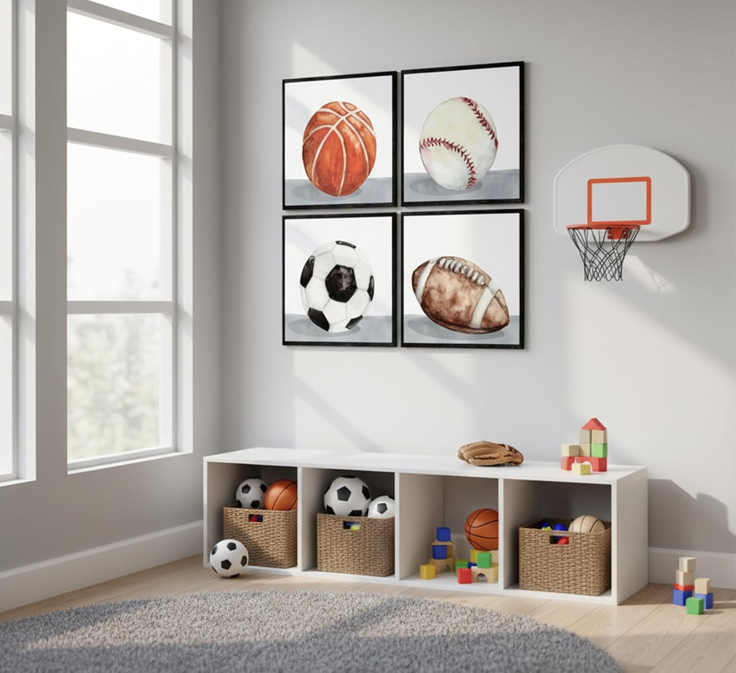 4Pcs Vintage Sports Wall Art Boys Room Poster Prints Basketball Soccor Baseball Football Pictures Rustic Ball Wall Decor for Kids Room Nursery Bedroom Home Decorations 16x16in Unframed