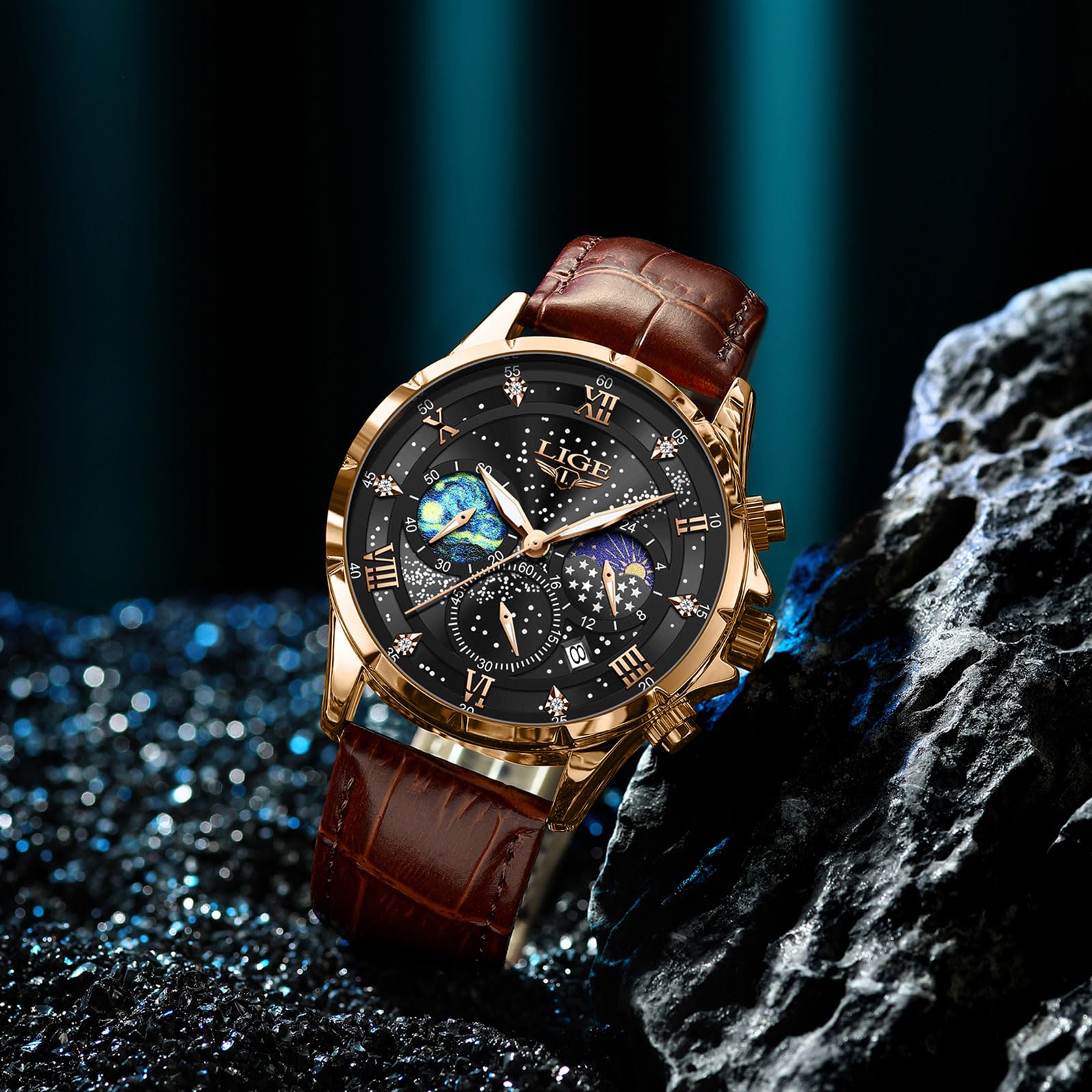 LIGE Orologio da polso da uomo, analogico, impermeabile, cronografo, casual, in pelle, impermeabile, display con fasi lunari, al quarzo, con data e luminoso, orologio da polso da uomo, Oro Nero