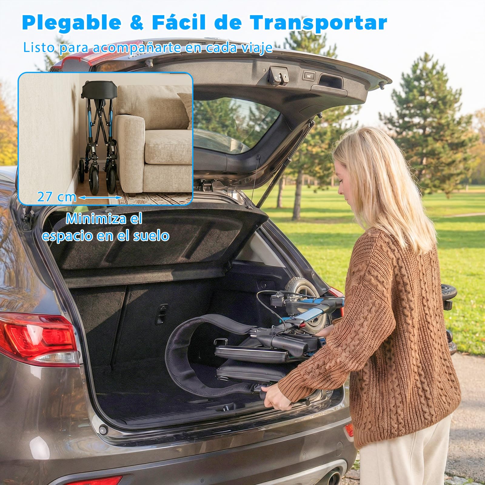 COSTWAY 2 en 1 Andador para Ancianos Plegable, Andadores Adultos con Asiento, Respaldo, Suspensión de Muelles, Soporte para Bastón, Almacenamiento, Caminadores para Mayores con 4 Ruedas (azul)