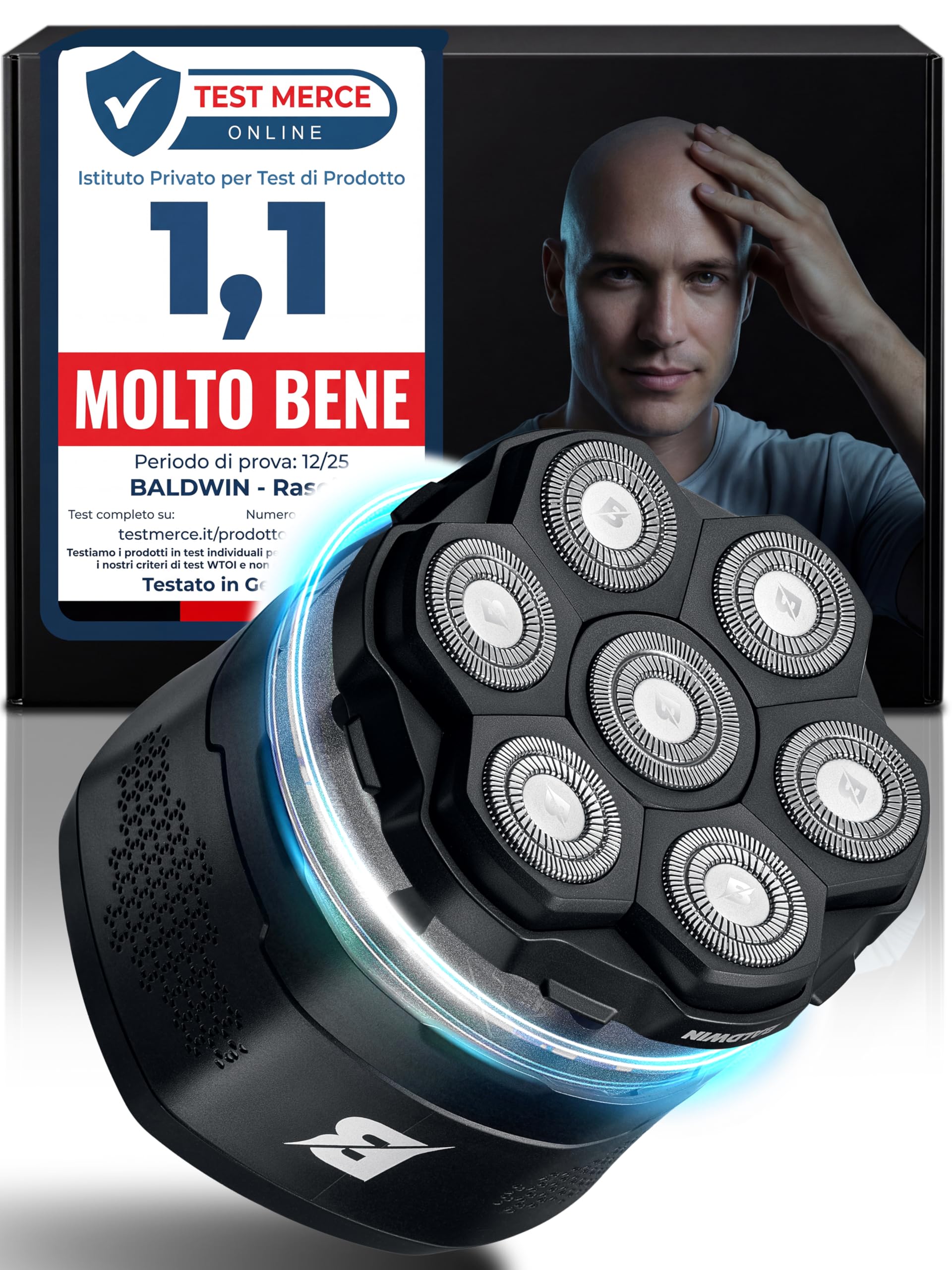 BALDWIN Afeitadora de Cabeza Hombre – Afeitadora Eléctrica Hombre 7D con Cabezal Magnético | Head Shaver para Cabeza Calva | Skull Shaver | Uso en Seco y Mojado, Impermeable, Máquina de Afeitar Cabeza