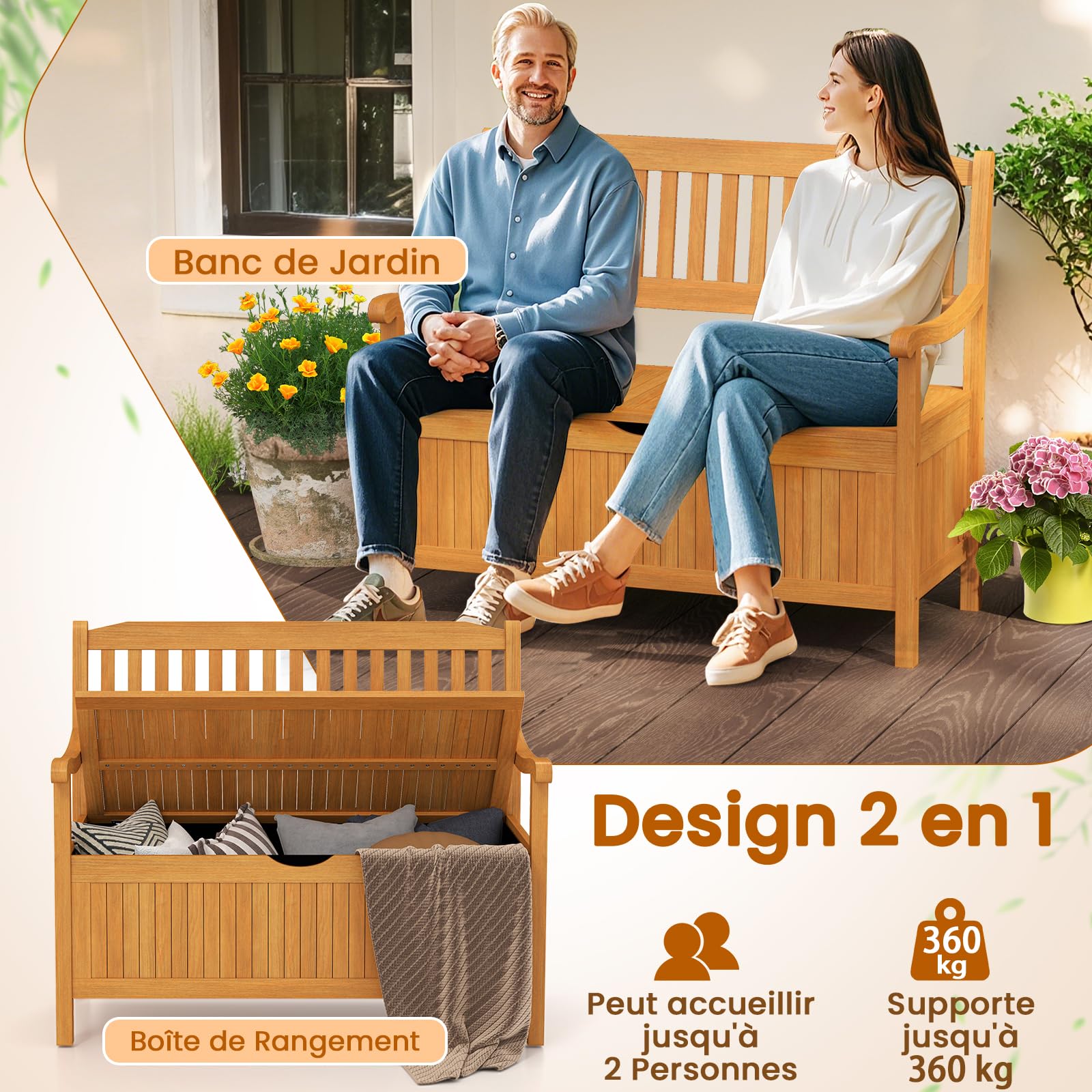 COSTWAY Banc de Jardin en Bois d'Acacia, Banc Coffre Exterieur 125L,Naturel