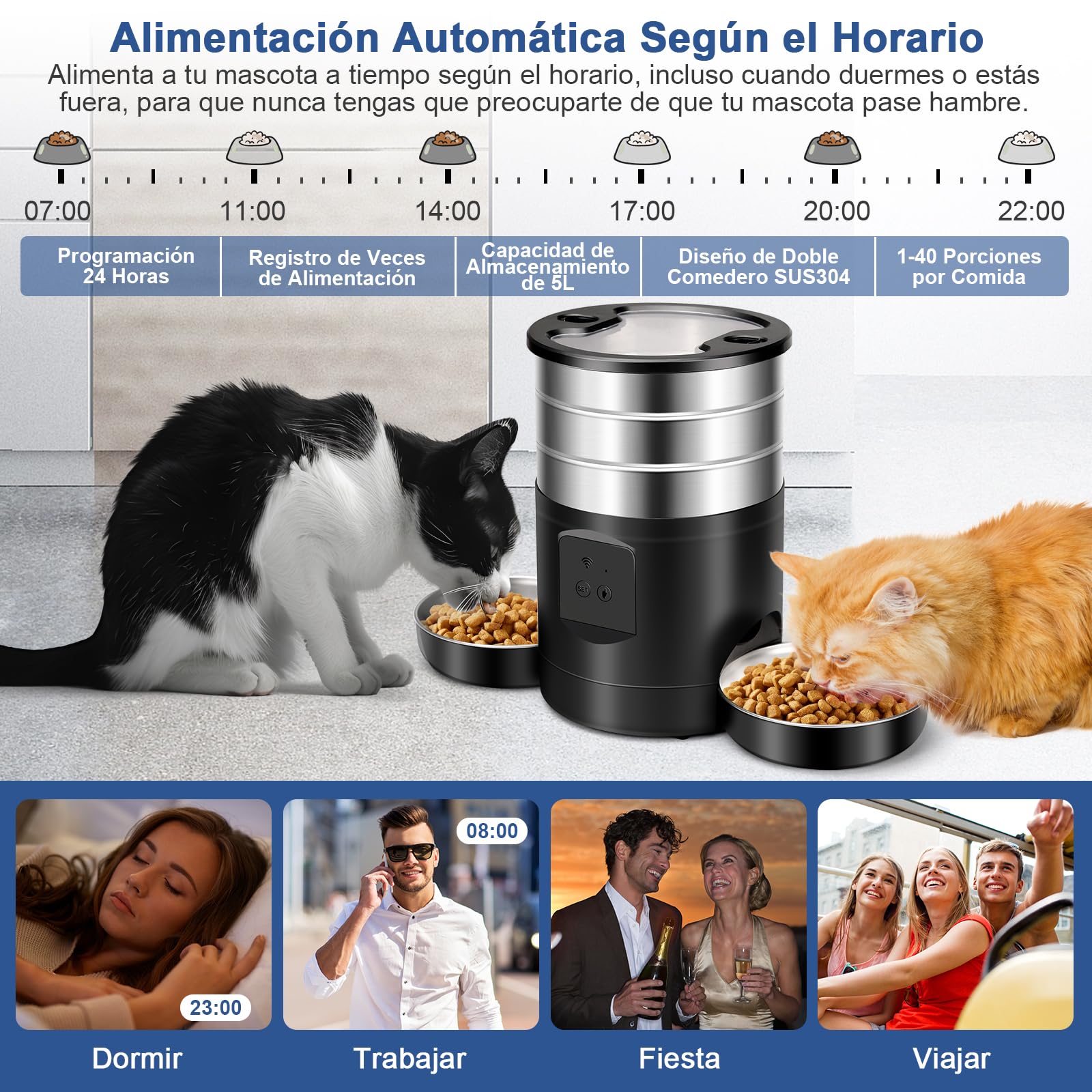 5L Comedero Gato Automatico 2 Tazones para Gatos Perros, 2.4G WiFi Acero Inoxidable Diseño Antiobstrucción Temporizador 24h 10 Comidas por Día 1-40 Porciones, Dispensador Automatico Perro Gato