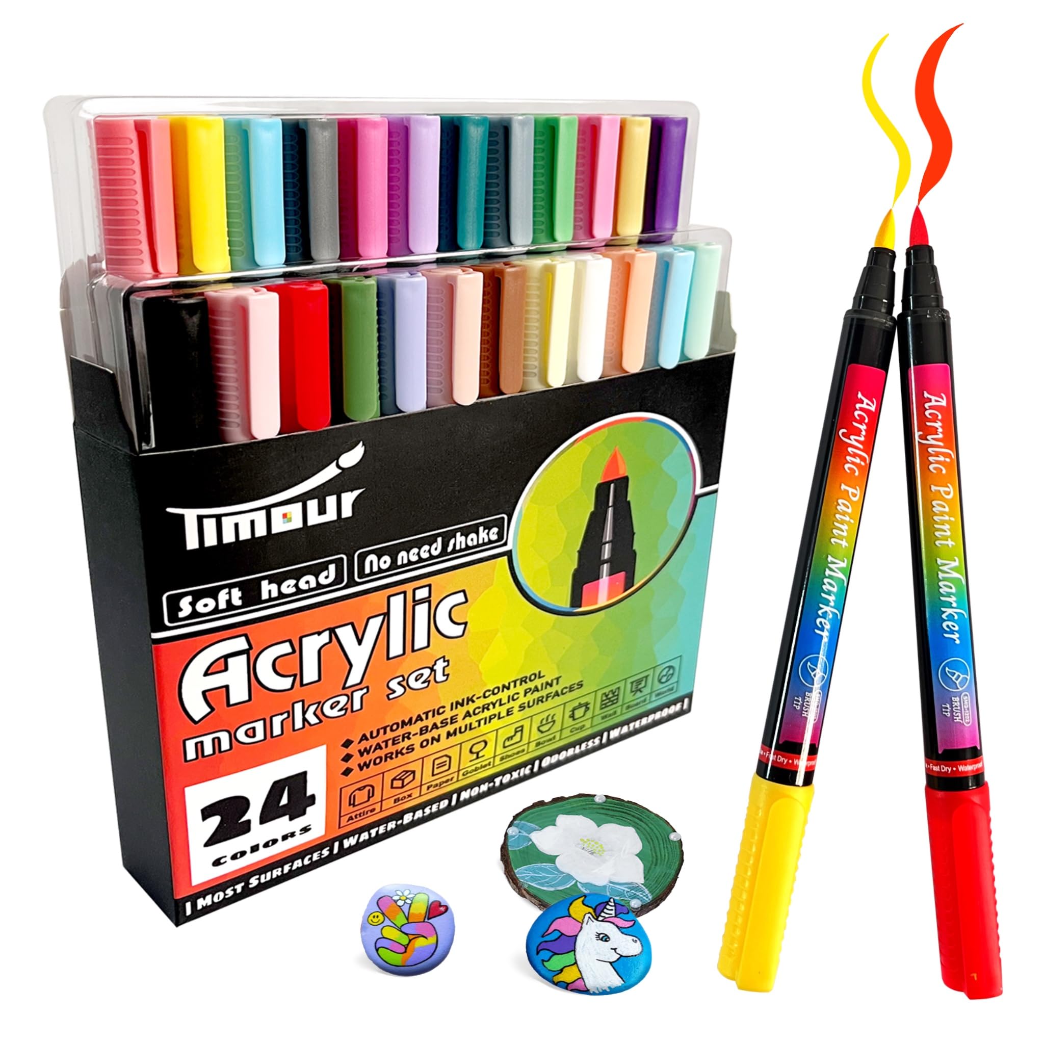 24 Colors Acrylic Paint Markers, Brush Tip Acrylic Markers, Paint Pens Marker, Quick-Drying & Anti-Fading, For Stone, Wood, Canvas, Ceramic, Plastic, Glass, DIY Crafts