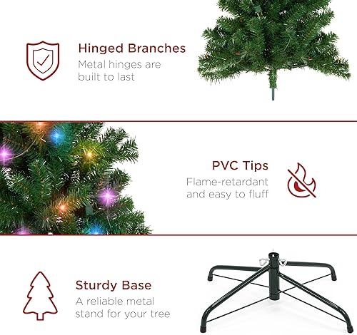 Miniatura 5 de Best Choice Products Árbol de Navidad preiluminado de 9 pies, árbol artificial con bisagras de abeto con 900 luces LED multicolores, puntas de rama
