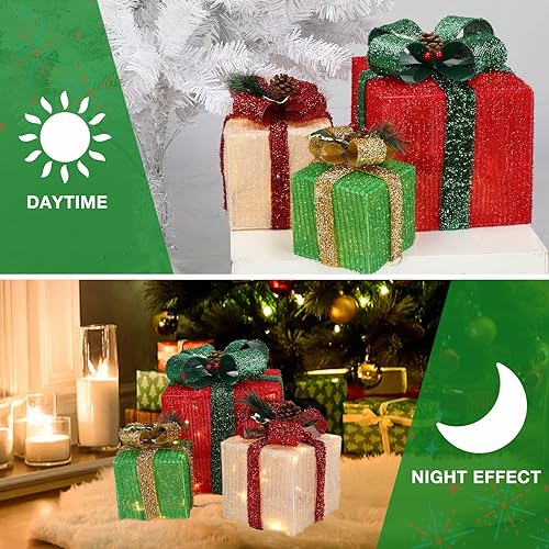 Miniatura 6 de VINGLI - Juego de 3 cajas de regalo iluminadas de Navidad, cajas de presente resistentes al clima, decoración para el hogar, 60 luces LED