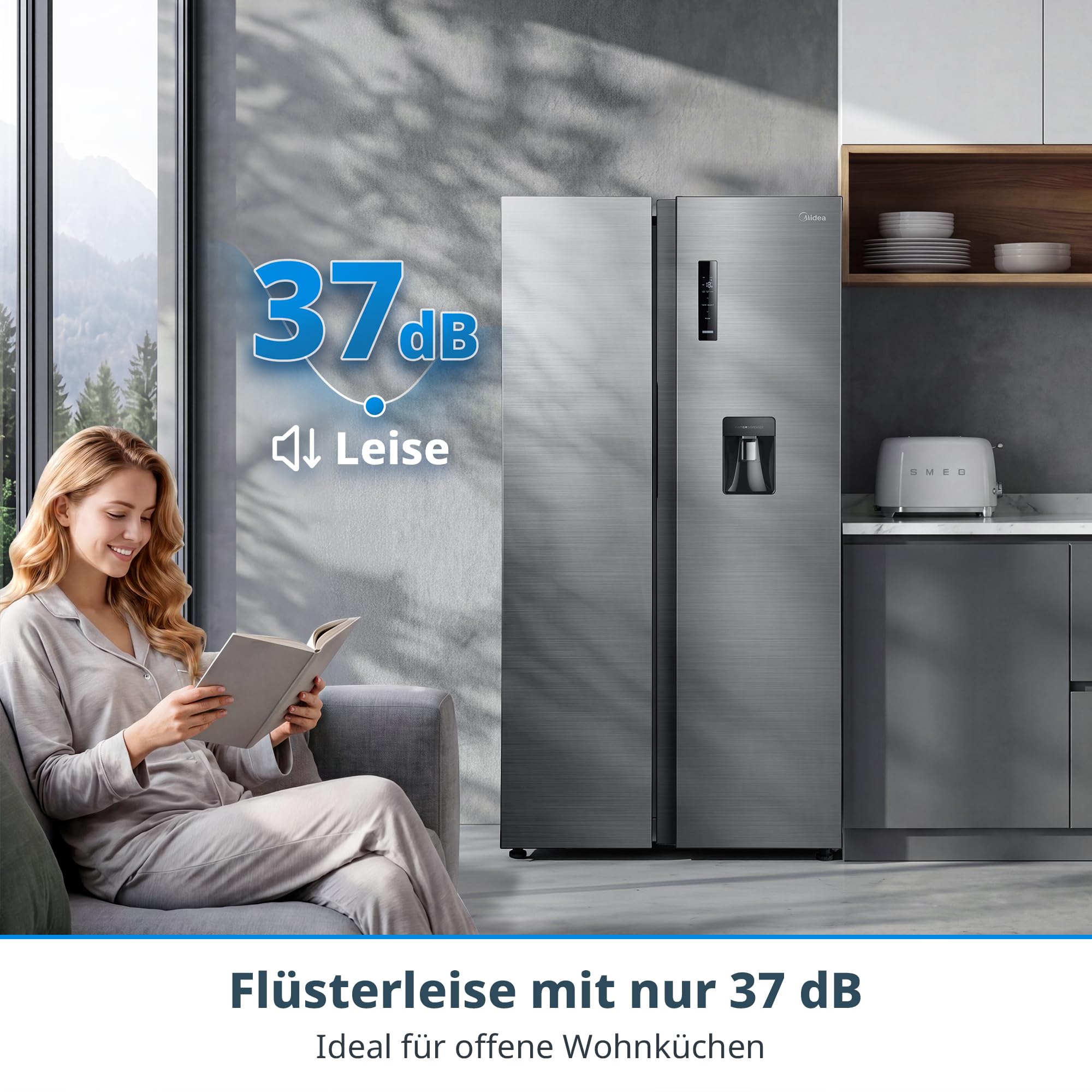 Midea Side-by-Side Kühlschrank 553L No Frost Kühl-Gefrierkombination Wasserspender 37 dB Inverter Motor Steel Gray MDRS710FGD46W