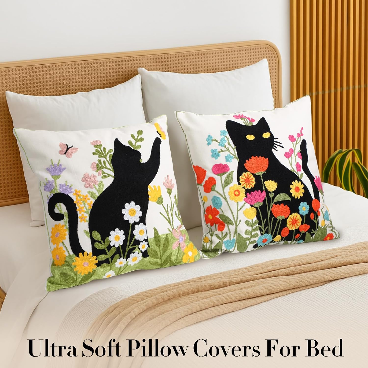 Peryiter 2 Pack Black Cat Embroidered Throw Pillow Covers 18x18 Floral Decorative Pillow Covers with Zipper Summer Aesthetic Farmhouse Boho Cozy Throw Pillowcases for Living Room Couch Sofa Bed - Image 6