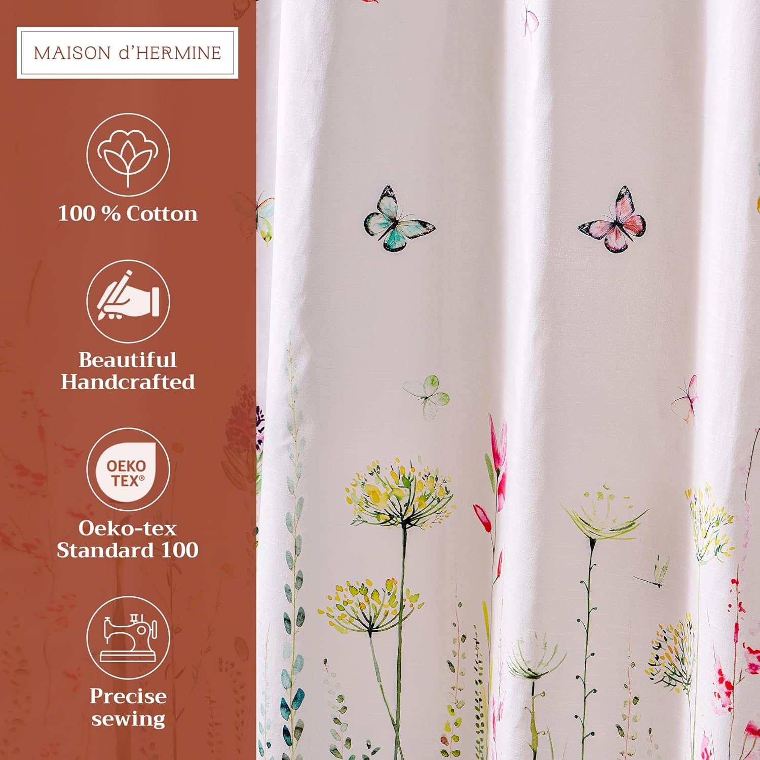 Maison d' Hermine Shower Curtain 100% Cotton One Panel 70"x72" Washable Fabric Shower Curtains for Bathroom, Easy Hanging with 12 Button Holes - Home Hotel Spa Easter Gifts (Botanical Fresh)