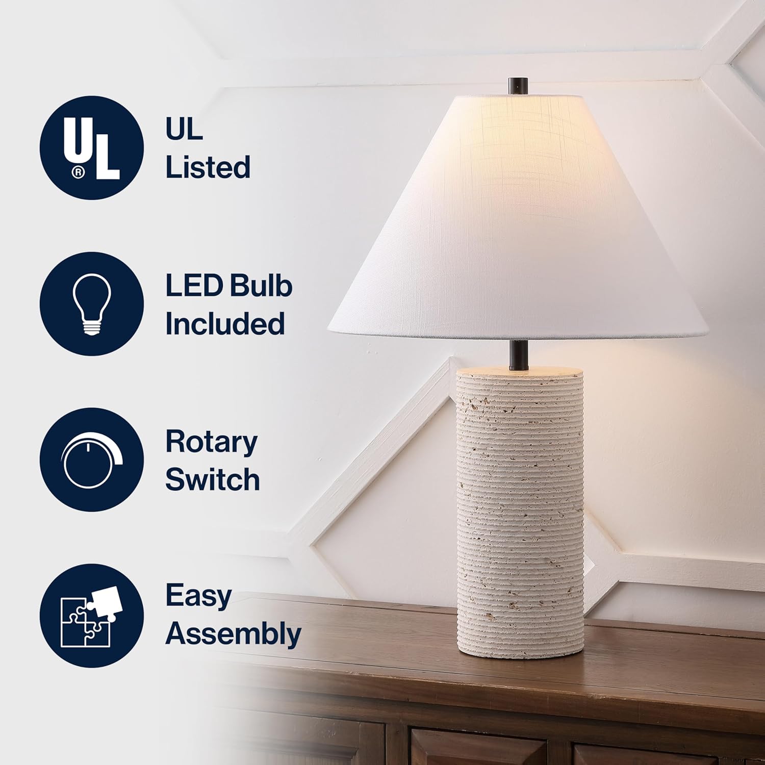JONATHAN Y JYL1152A Kelsey 22.50" Modern Minimalist Travertine Column LED Table Lamp Bedroom, Living Room, Office, Dining Room, Cream