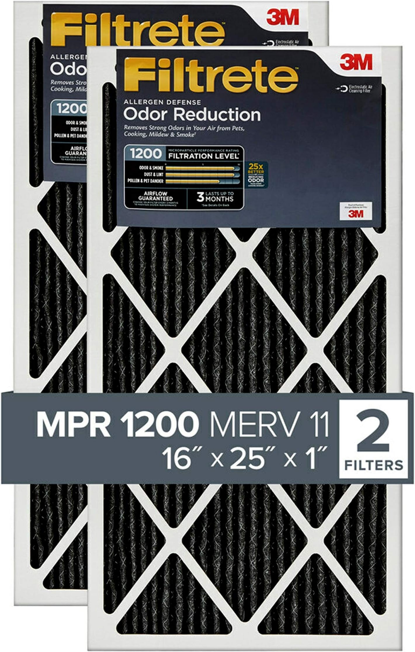 Filtrete 16x25x1 Air Filter, MPR 1200, MERV 11, Allergen Defense Odor Reduction 3-Month Pleated 1-Inch Air Filters, 2 Filters