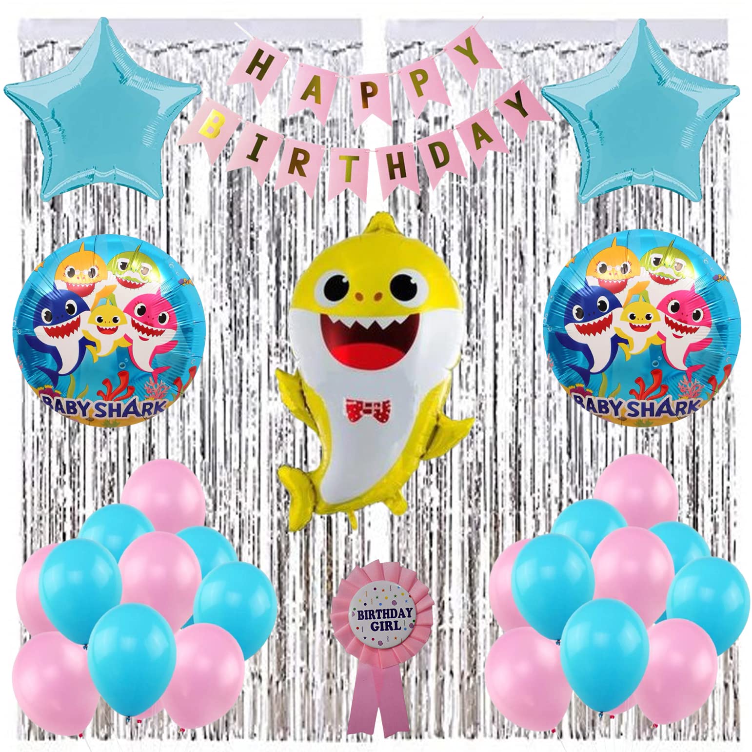 Blue Rocks Baby Shark Theme Birthday Decorations Kit Combo of 52 Pcs for Baby Kids Girls, Baby Shark Foil Balloon, Birthday Girl Badge, Blue & Pink Balloons, Silver Curtains & Pink Bday Banner
