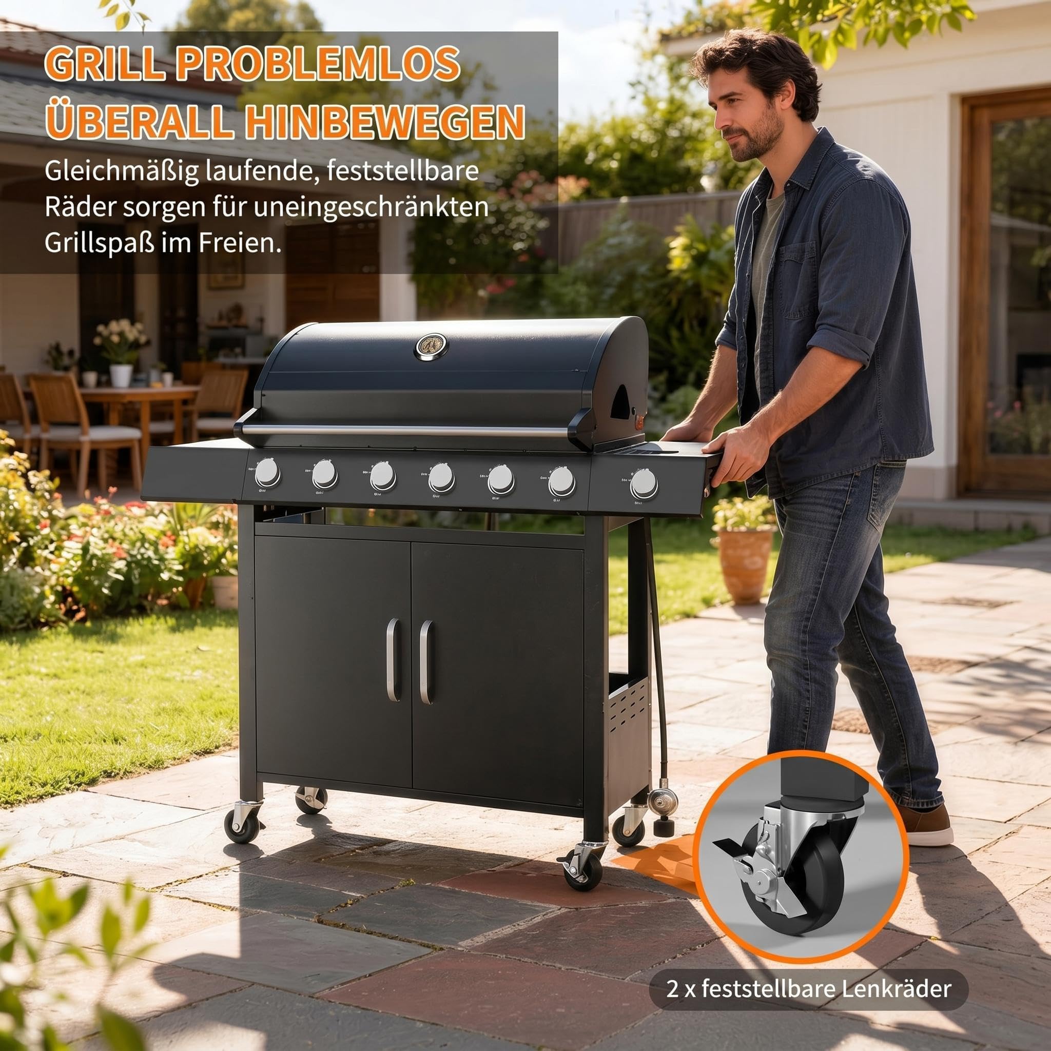 Garvee Gasgrill Mit 6+1 Brennern, 60.000 BTU, Seitenbrenner & Unterschrank | Edelstahl Gusseisenroste Warmhalterost Thermometer Rollen – Wetterfest für Garten & Terrasse