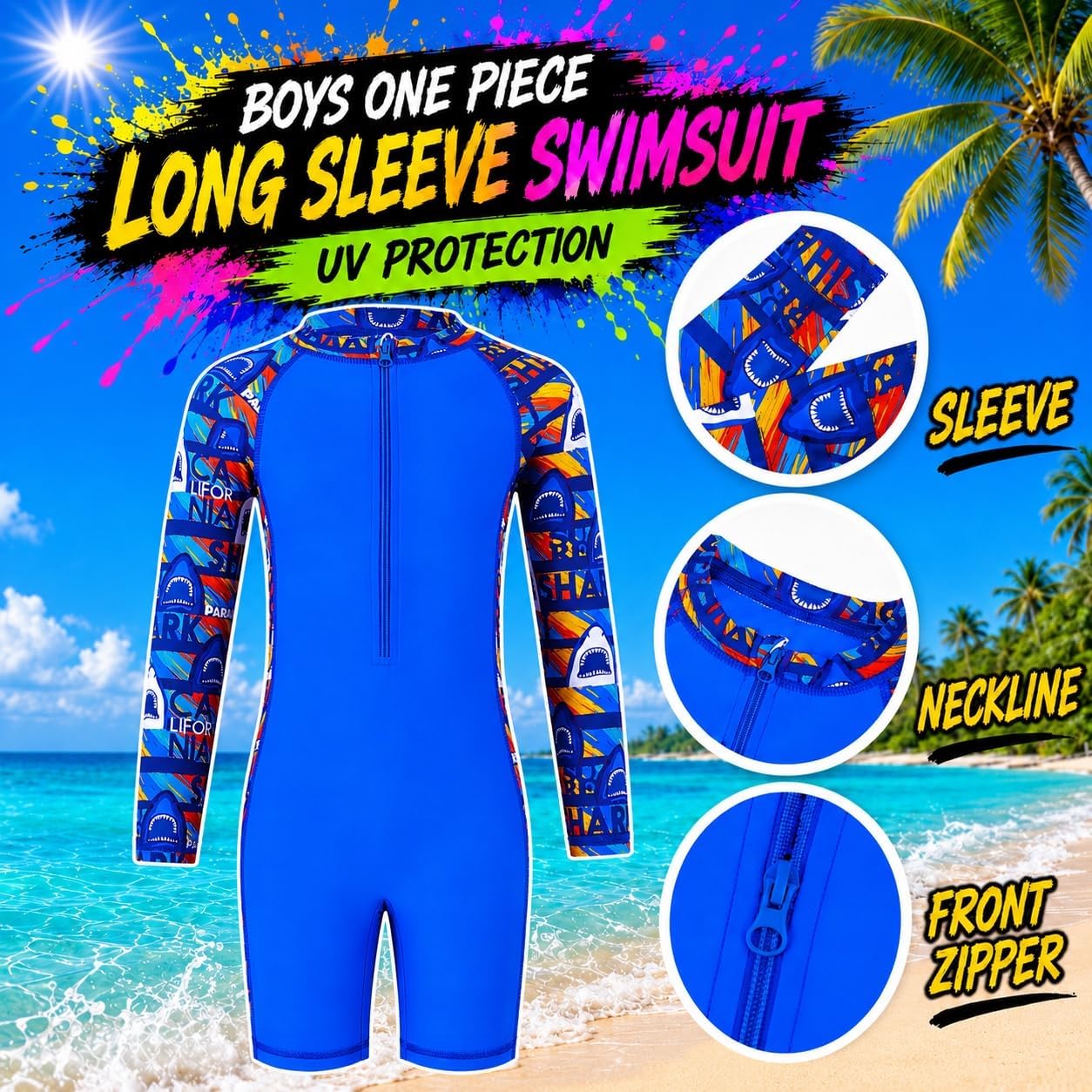 Boys One Piece Swimsuit 4-12Y Long Sleeve Zipper Rash Guard UPF 50+ Sun Protection