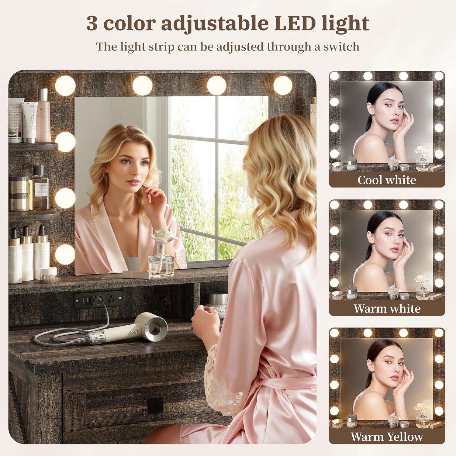 EnHomee Small Vanity Desk with Mirror and Lights, Makeup Vanity with Storage Drawer, Wooden Vanity Desk with Charging Staion for Women's Bedroom, Small Space, Dark Oak