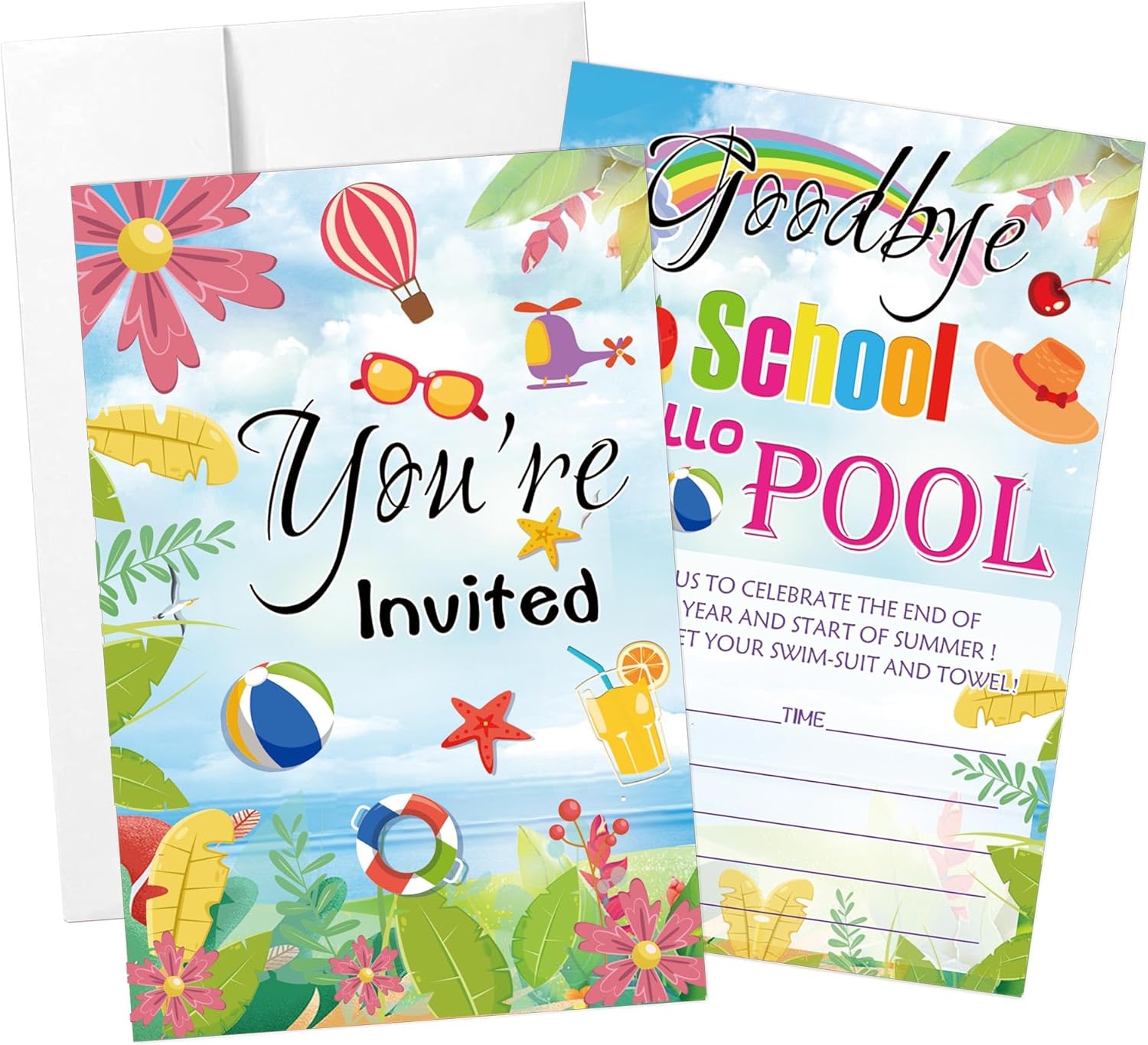 ハロープールパーティー招待状36枚 封筒付き さようなら 学校 子供 夏 誕生日 プールパーティー用品 学校終了パーティーカード 男