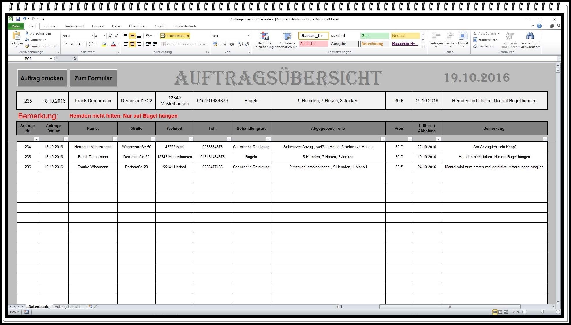 Auftragsverwaltung mit Abholschein für Excel inkl. Rechnungsvorlage | Kundenverwaltung, Auftragsannahme