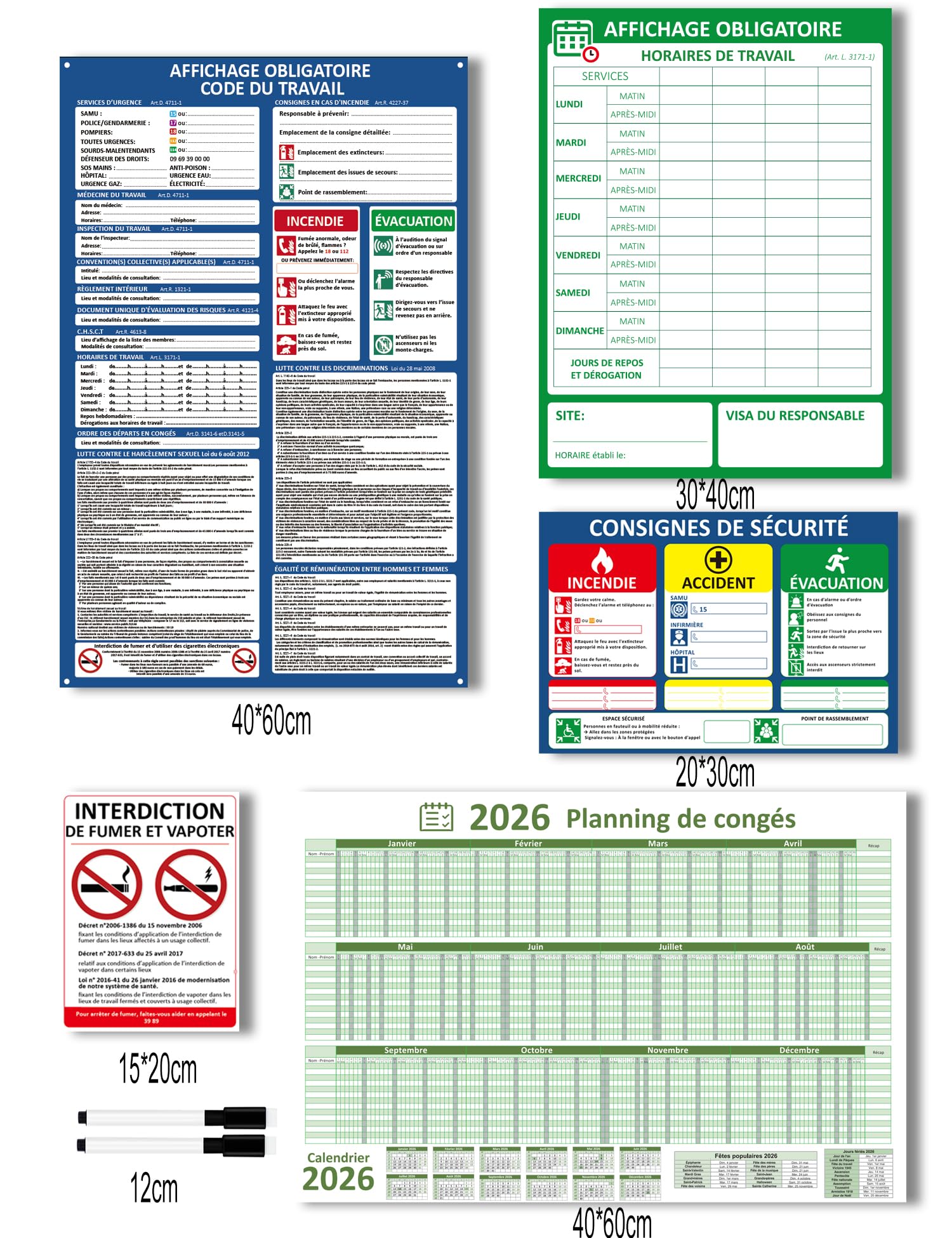 Affichage Obligatoire Entreprise 2026 Panneaux PVC Résistants avec Fixations Incluses – Horaires de Travail, Consignes de Sécurité, Code du Travail, Planning des Congés