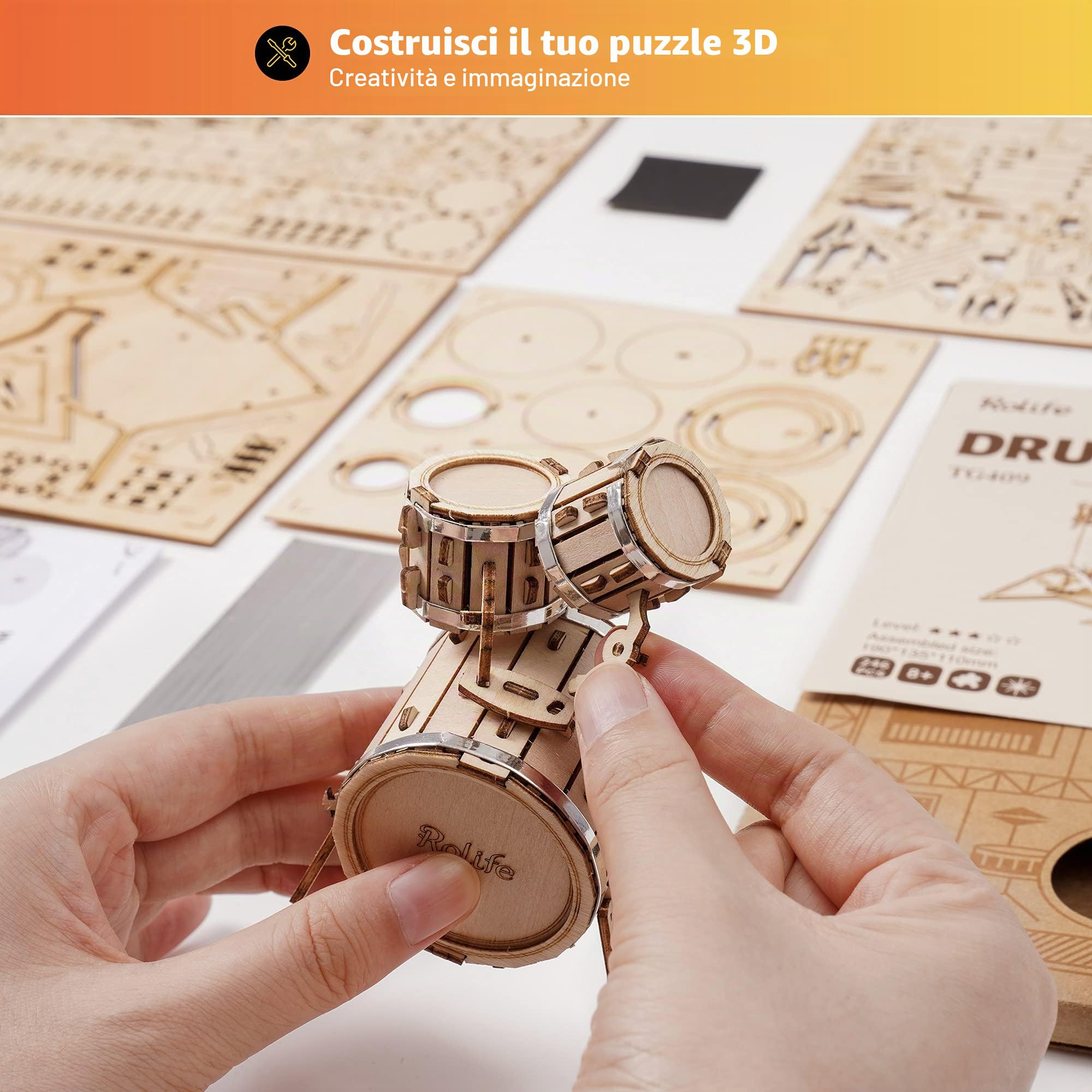 Rolife Puzzle 3D Legno per Adulti Modellismo da Costruire Kit Modello Strumento Musicale (Drum kit)