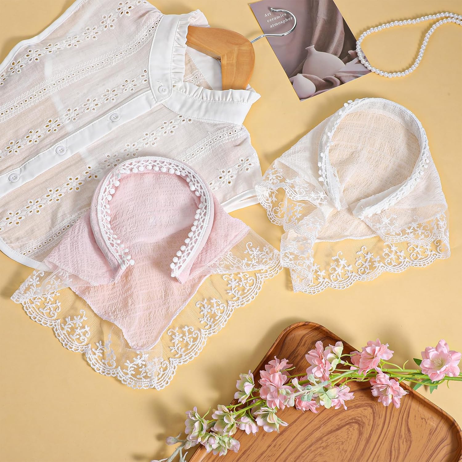 2 PACK Hair Scarf Headband for Women Soft Head Coverings Lace Head Kerchief Non-Slip Scarves Boho Triangle Bandana Turban for Hair Styling (Pink+White) - Image 6