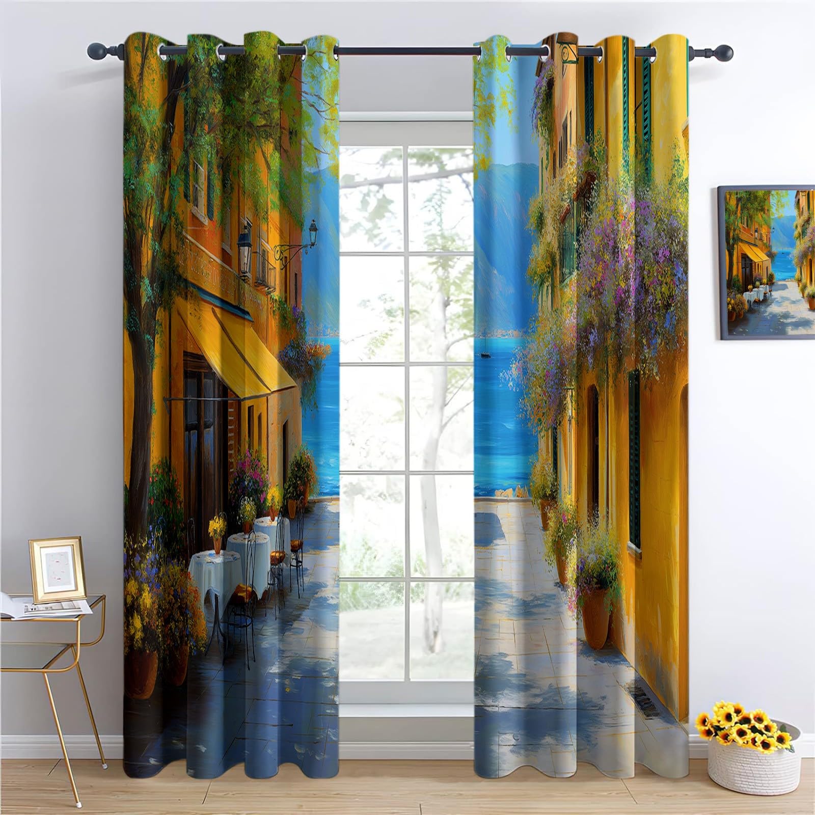 Zestaw 2 zasłon zaciemniających 91,5 l x 214 H cm (dł. x wys.) z izolacją termiczną z oczkami, dekoracja na wybrzeże, stół pejzażowy, do sypialni, salonu, zabiegów dzieci, żółte zasłony wewnętrzne