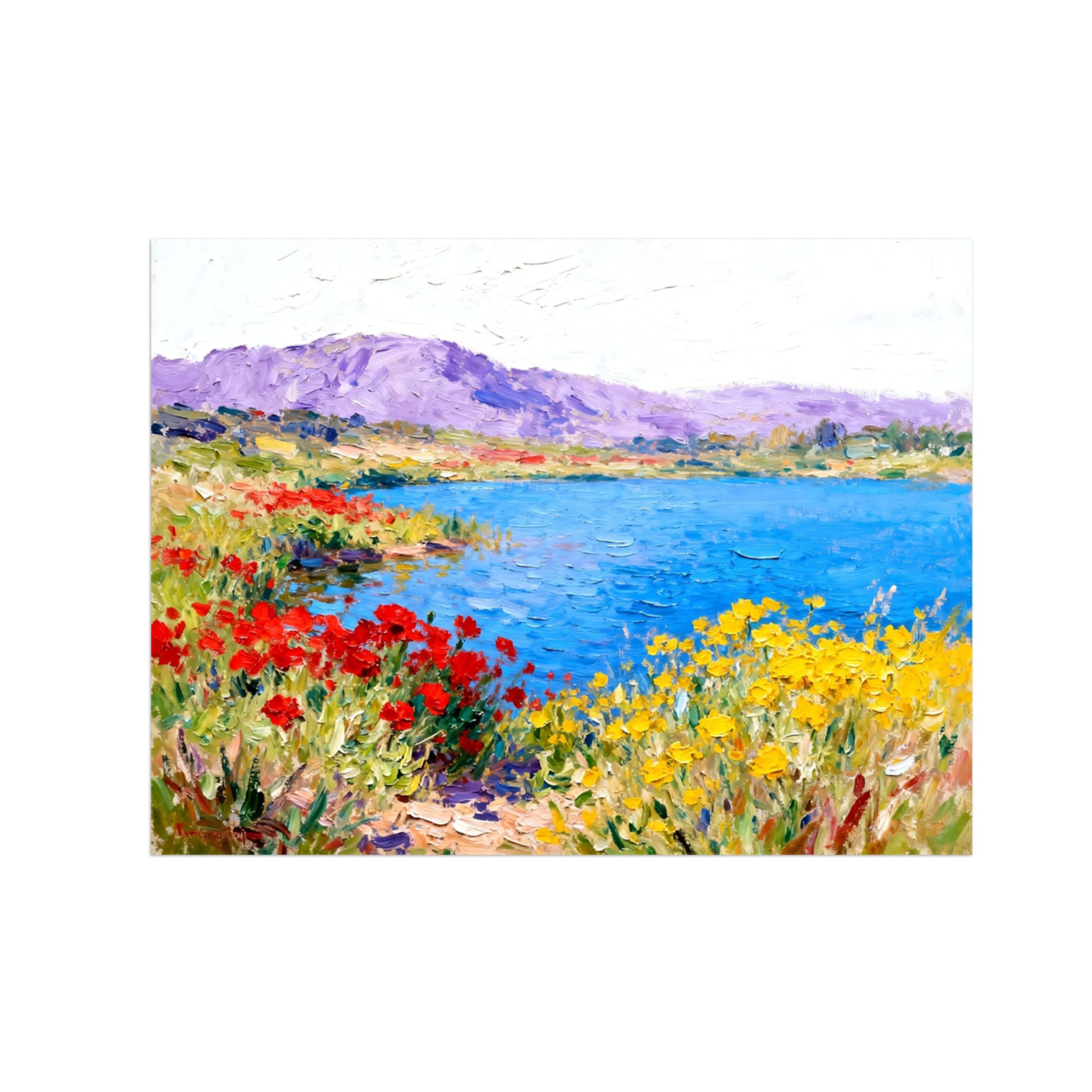 OZPWBVY Lake Flowers Landscape Canvas Wall Art Picture 30x40cm Unframed