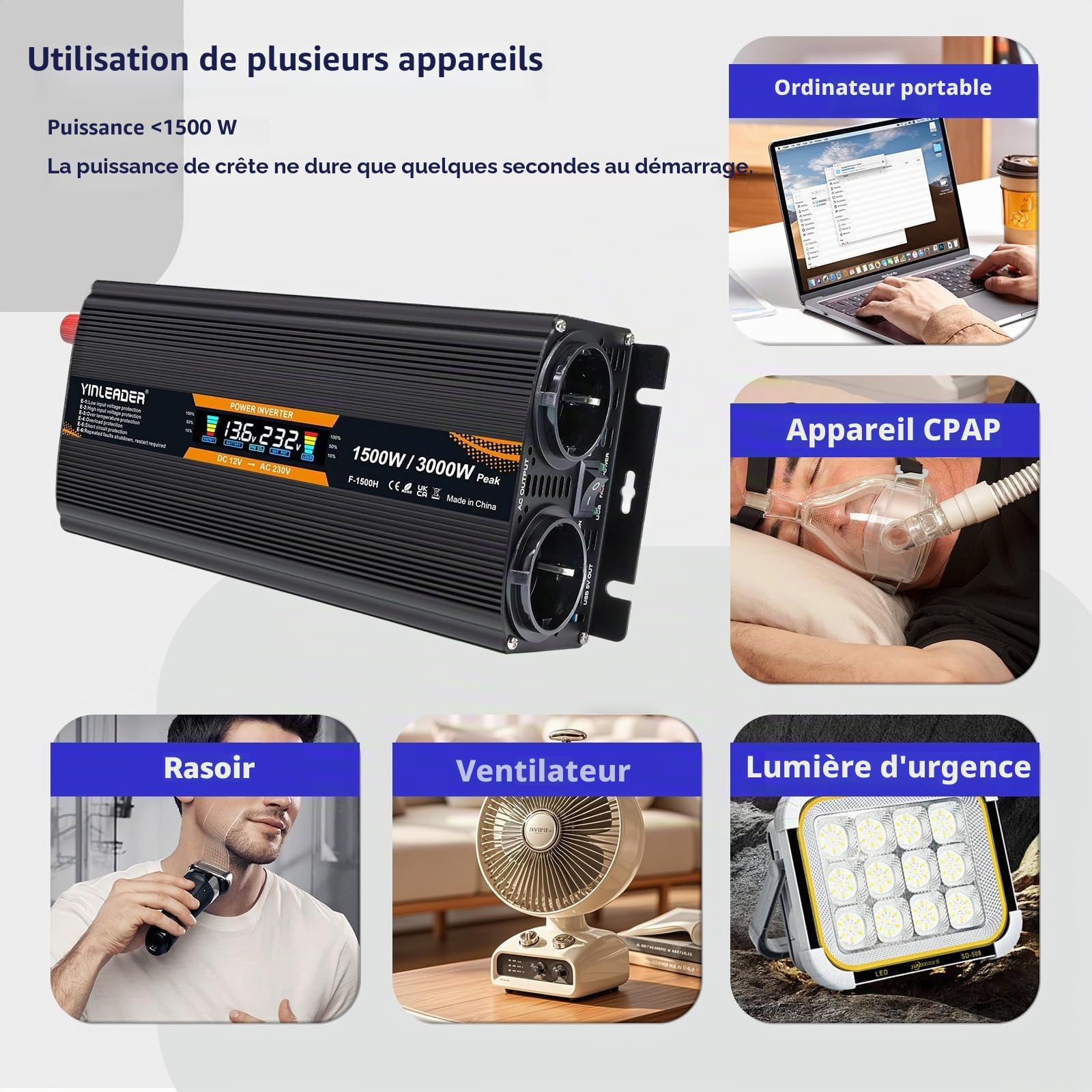 Convertisseur 12v 220v 1500W /3000W convertisseur de Tension Onduleur avec écran LCD USB