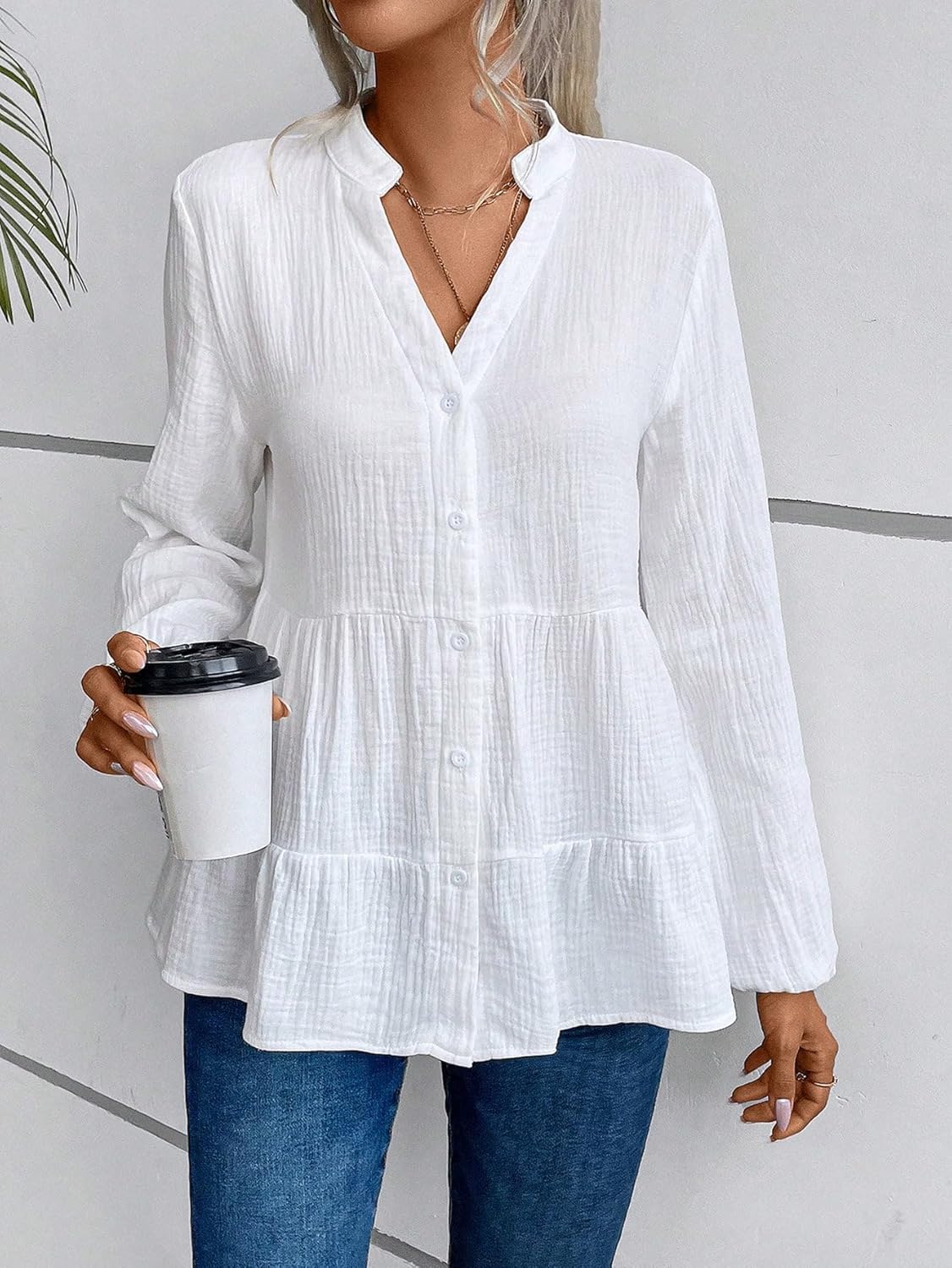 OYOANGLE Women's Textured Lantern Long Sleeve Babydoll Blouse Notched V Neck Button Front Peplum Top - Image 4