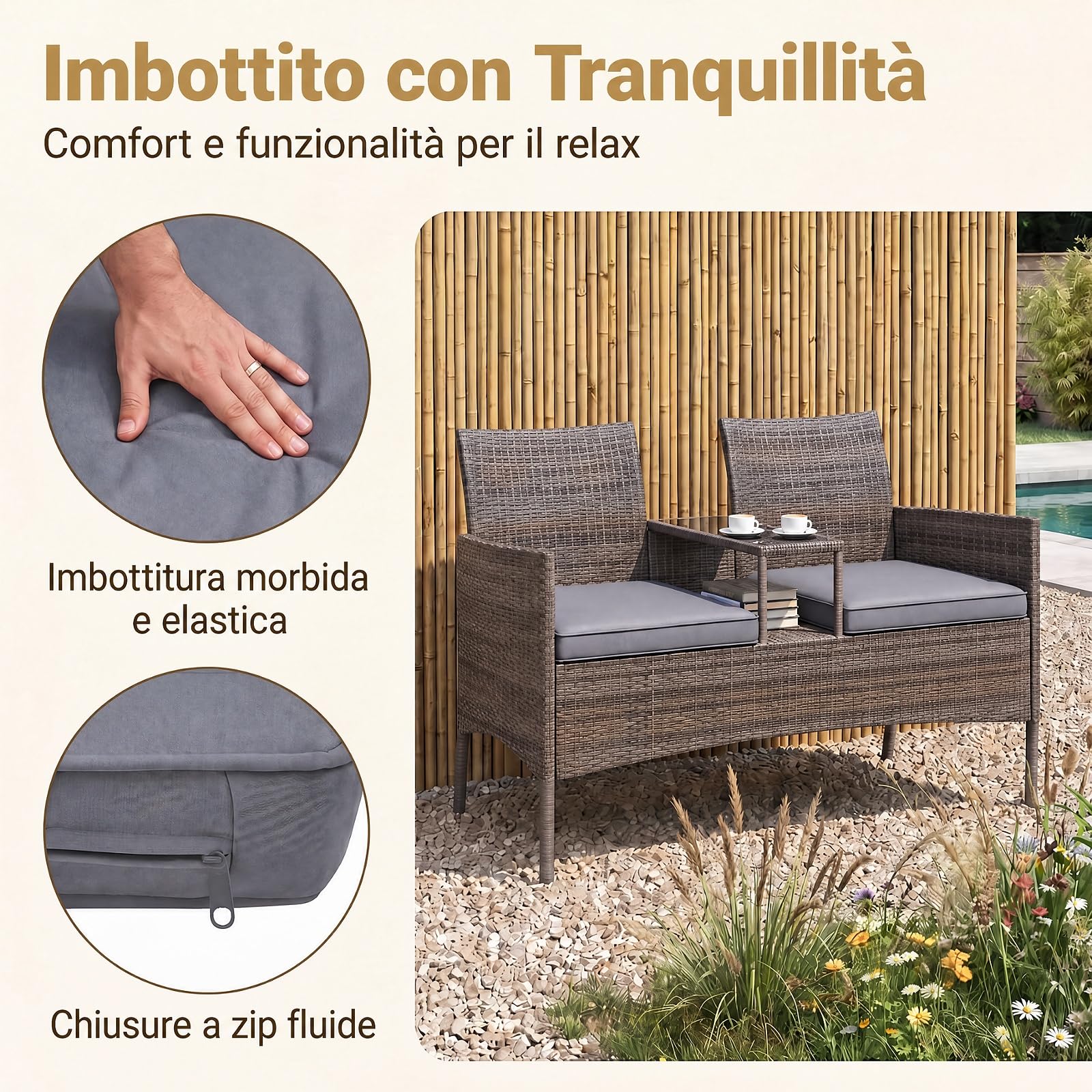 SOARS Panchina da Giardino 2 Posti, Divanetto da Esterno in Rattan con Tavolino in Vetro Temperato Integrato e Cuscini Rimovibili, Salotto da Giardino Esterno per Balcone e Piscina, 124 X 62 X 84 CM