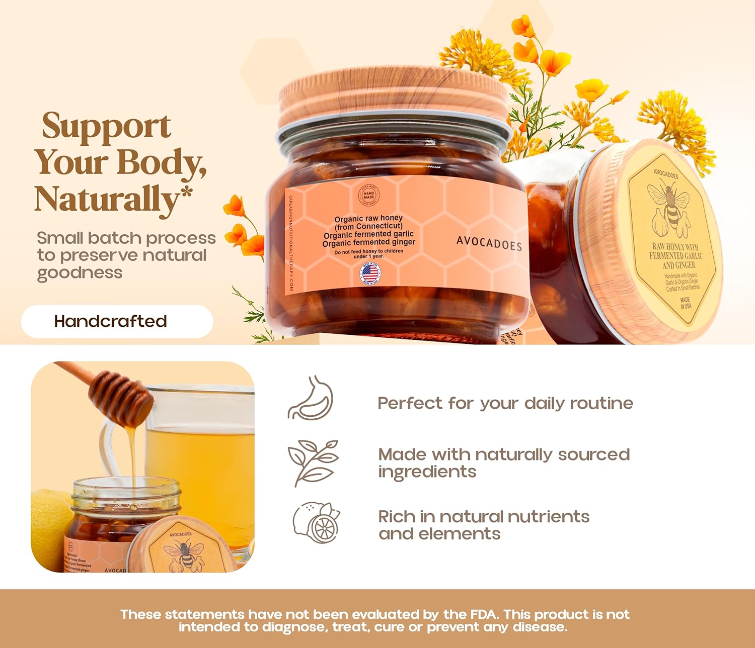 AVOCADOES Organic Raw Honey with Fermented Garlic & Ginger – Handcrafted Unfiltered Honey Blend – Natural Support for Immunity & Digestion – Small Batch – 8 oz Glass Jar