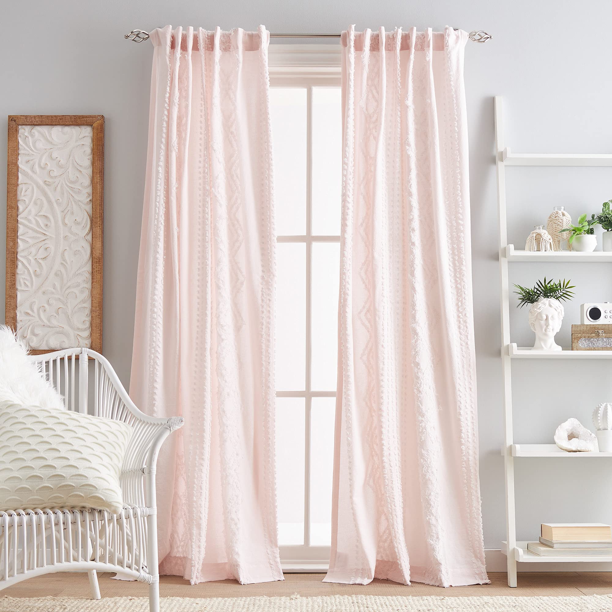 Peri Home Cut Geo Sheer Cotton Back Tab Window Curtain Panel Pair, 84", Blush