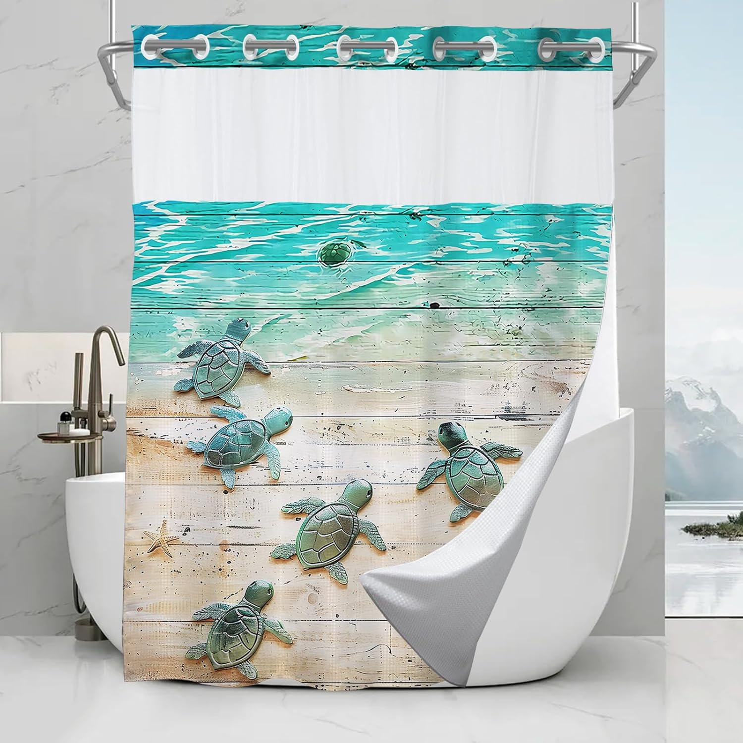 Nautical Green Beach Sea Turtle Theme No Hook Waffle Weave Shower Curtain with Snap in Liner Nautical Blue Bathroom Ocean Set 72 W x 74 H Inch Blue