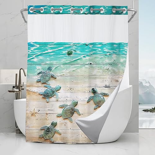 Vista 70 de Cortina de ducha de tortugas marinas, temática náutica de playa, verde y verde azulado, sin ganchos, punto gofre y forro desmontable, decoración