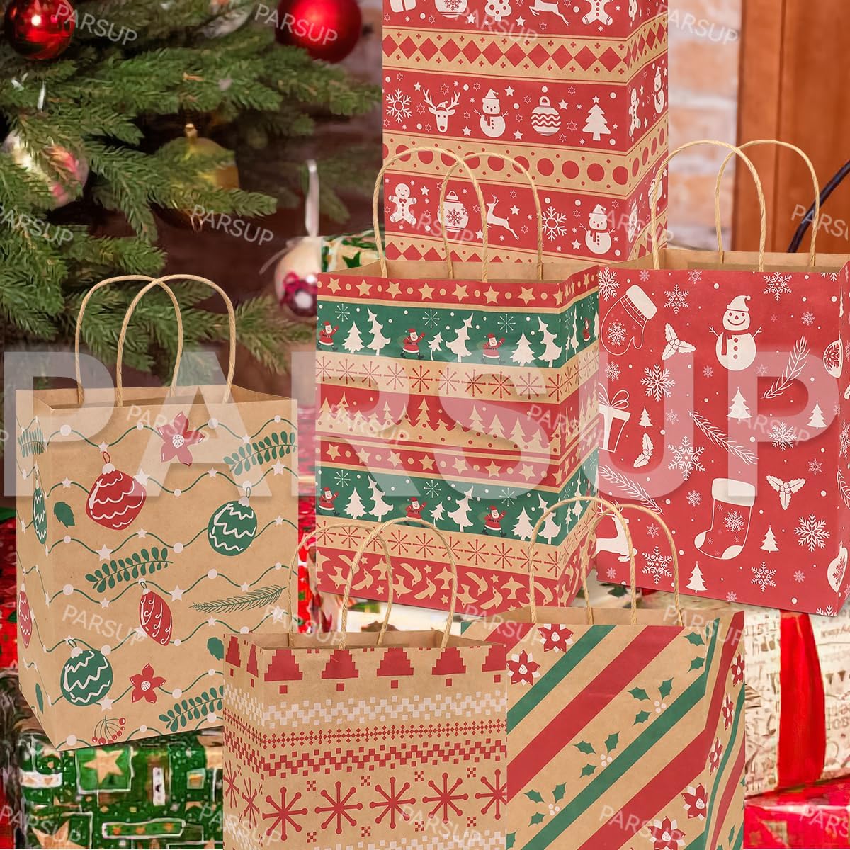 PARSUP Christmas Kraft Gift Bags 24 Count Assorted Styles Bags Xmas Small Paper Bags with Handles Christmas Goodie Bags with Christmas Prints for Xmas Gift Wrapping Christmas Party Supplies - Image 8