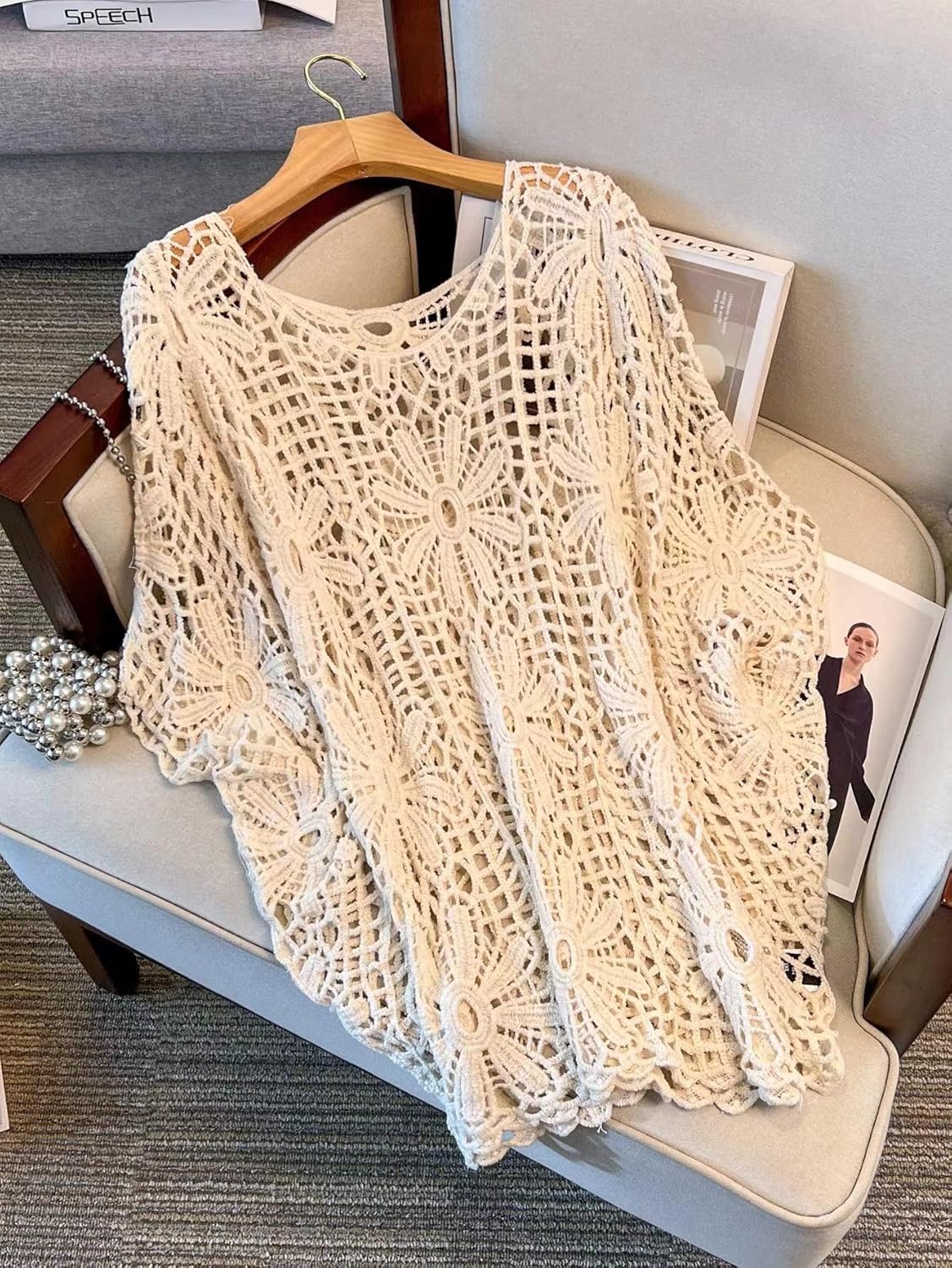 MakeMeChic Women's Plus Size Boho Tops Crochet Sweater Dolman Sleeve Beach Cover Up