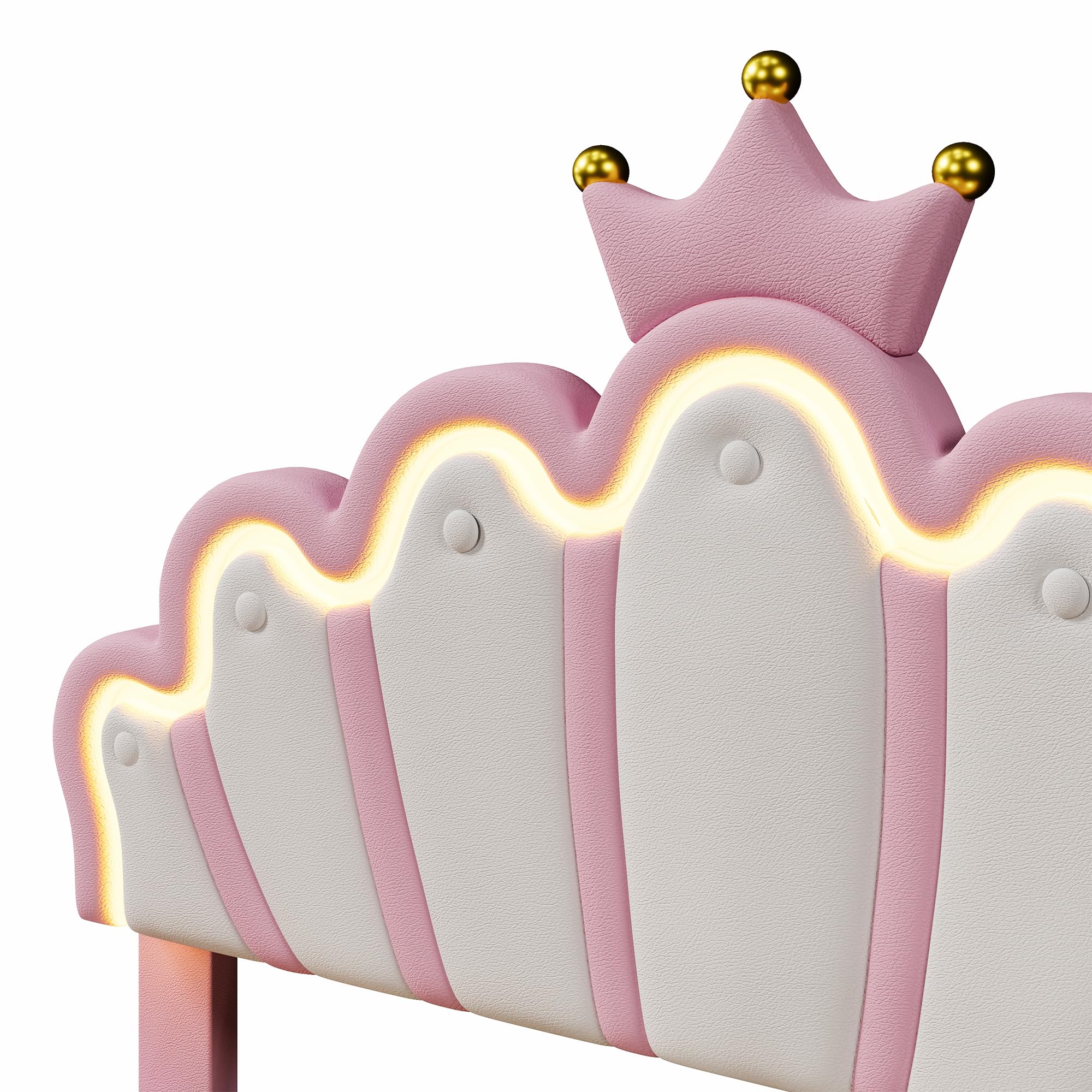 Letto imbottito, luce ambiente telecomandata, letto con 2 cassetti, letto principesse a forma di corona, testiera regolabile, PU (senza materasso) (rosa, 140 x 200 cm)