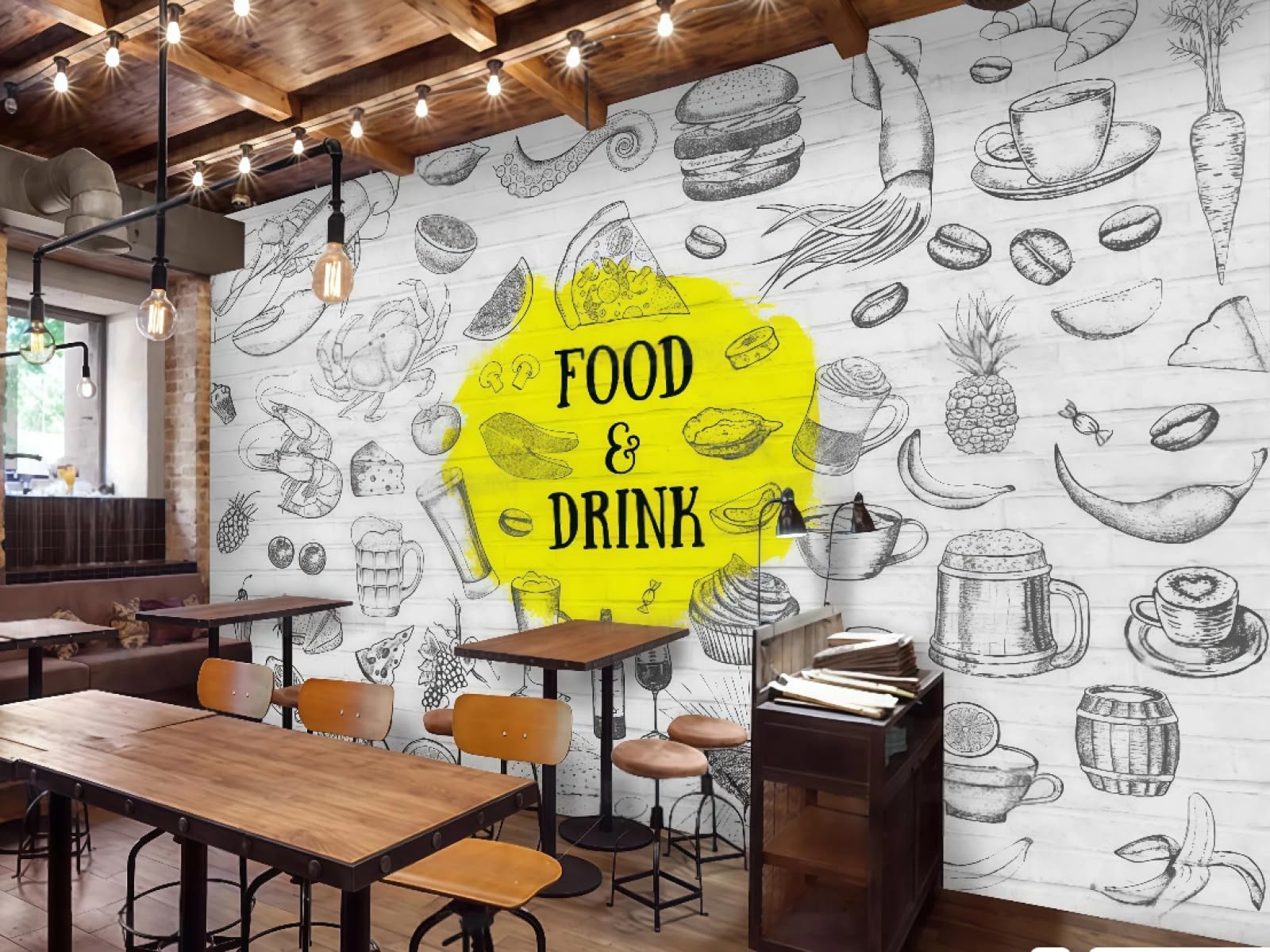Rskjdghshd 3D Wallpaper White Wall Hand-Painted Illustration Tea Drink Burger Shop Western Restaurant Background Wall Mural Afternoon Tea Coffee Shop Wallpaper,,200X140cm