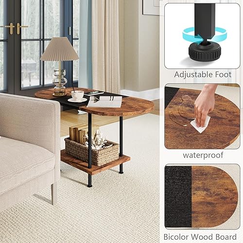 Miniatura 8 de Mesas de café, mesa central moderna con estante de almacenamiento, mesa de 2 niveles para sala de estar, diseño moderno de dos tonos (marrón