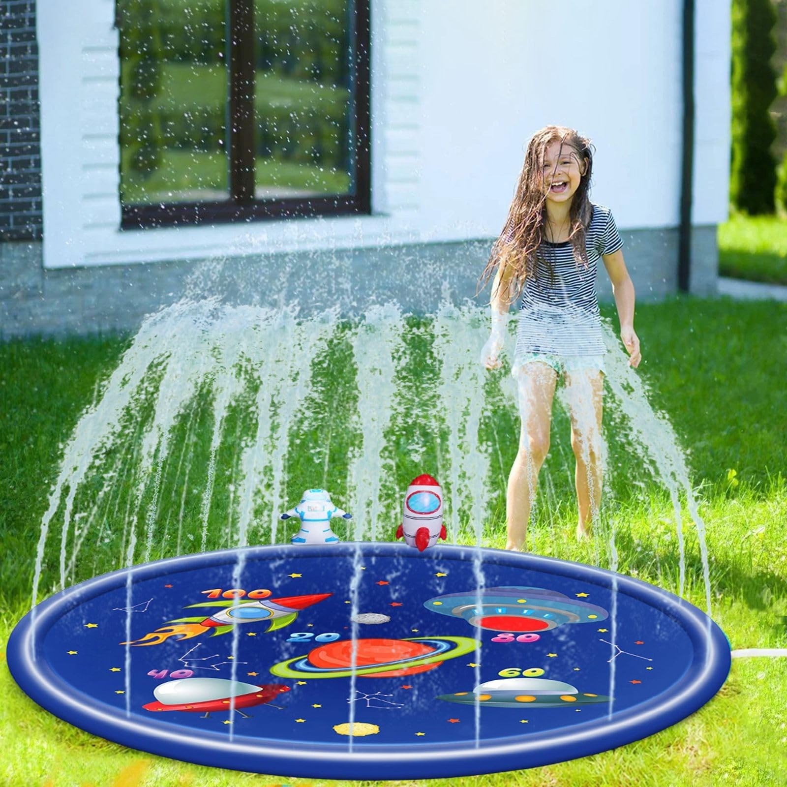 Splash Pad 170cm Sprinkler Wasser Spielmatte, Wasserspielzeug Kinder Spielzeug für Draußen Outdoor Garten, Sprinklerauflage Sommer Spielzeug für Kinder ab 2 3 Jahren und Haustiere