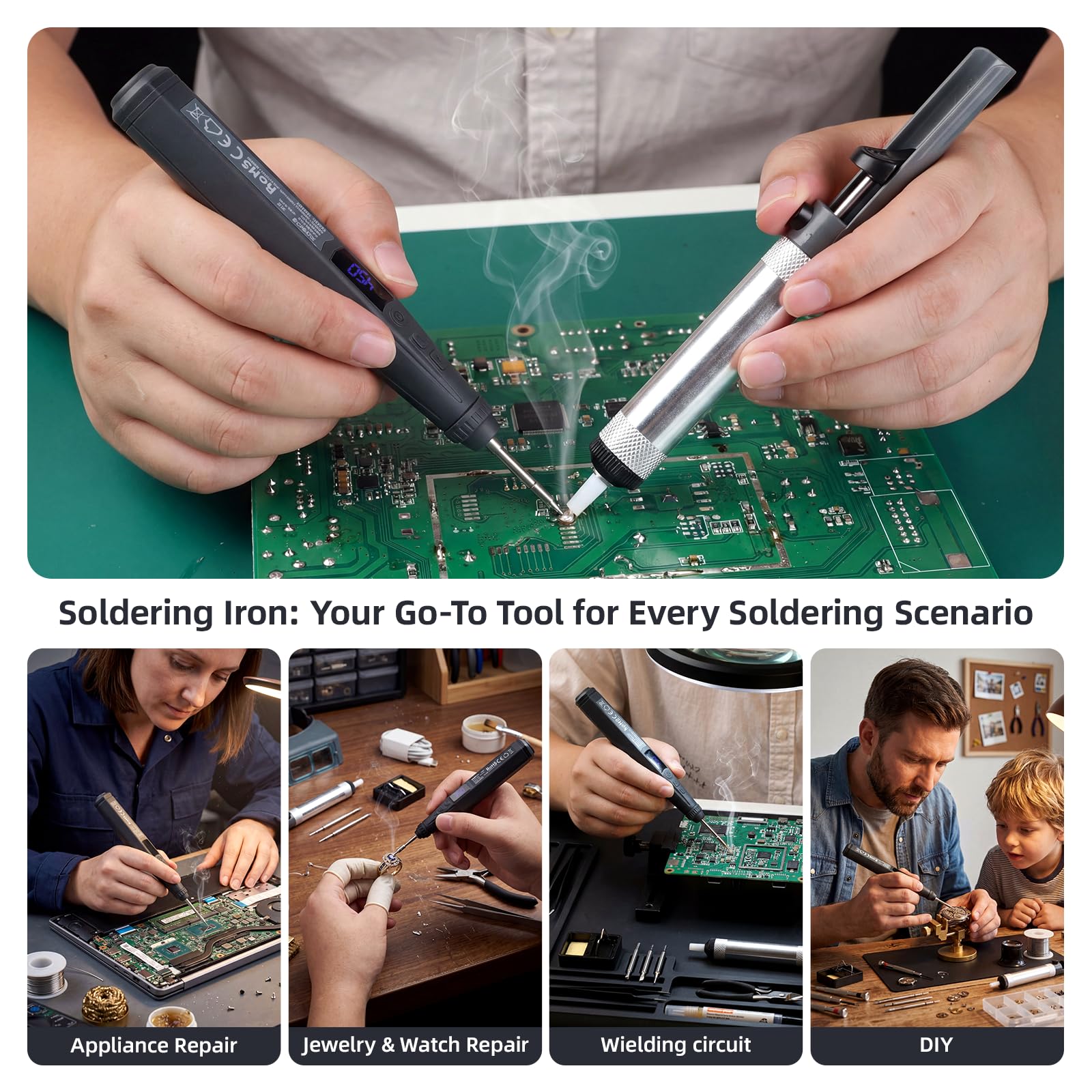 SMOOL Soldador Inalámbrico 12W, Calentamiento 8s, Batería 3200mAh, Temp. 180-450℃ LCD PID, Reposo Automático, 3 Puntas C210 para Reparación Electrónica y Bricolaje