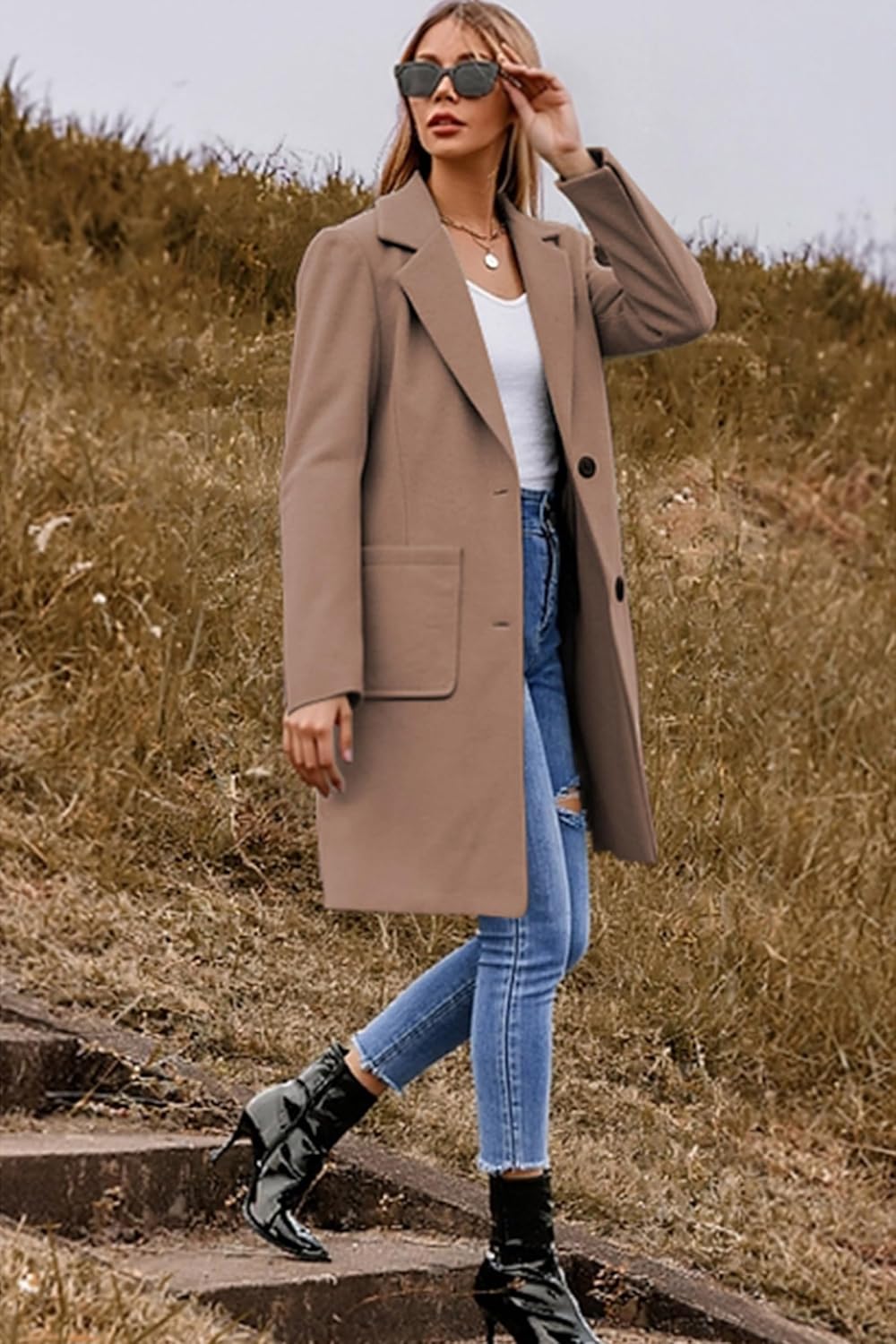 ECOWISH Women Coat Trench Jacket - Winter Long Sleeve Peacoat Fall Mid-Length Lapel Cardigan Overcoat with Pockets