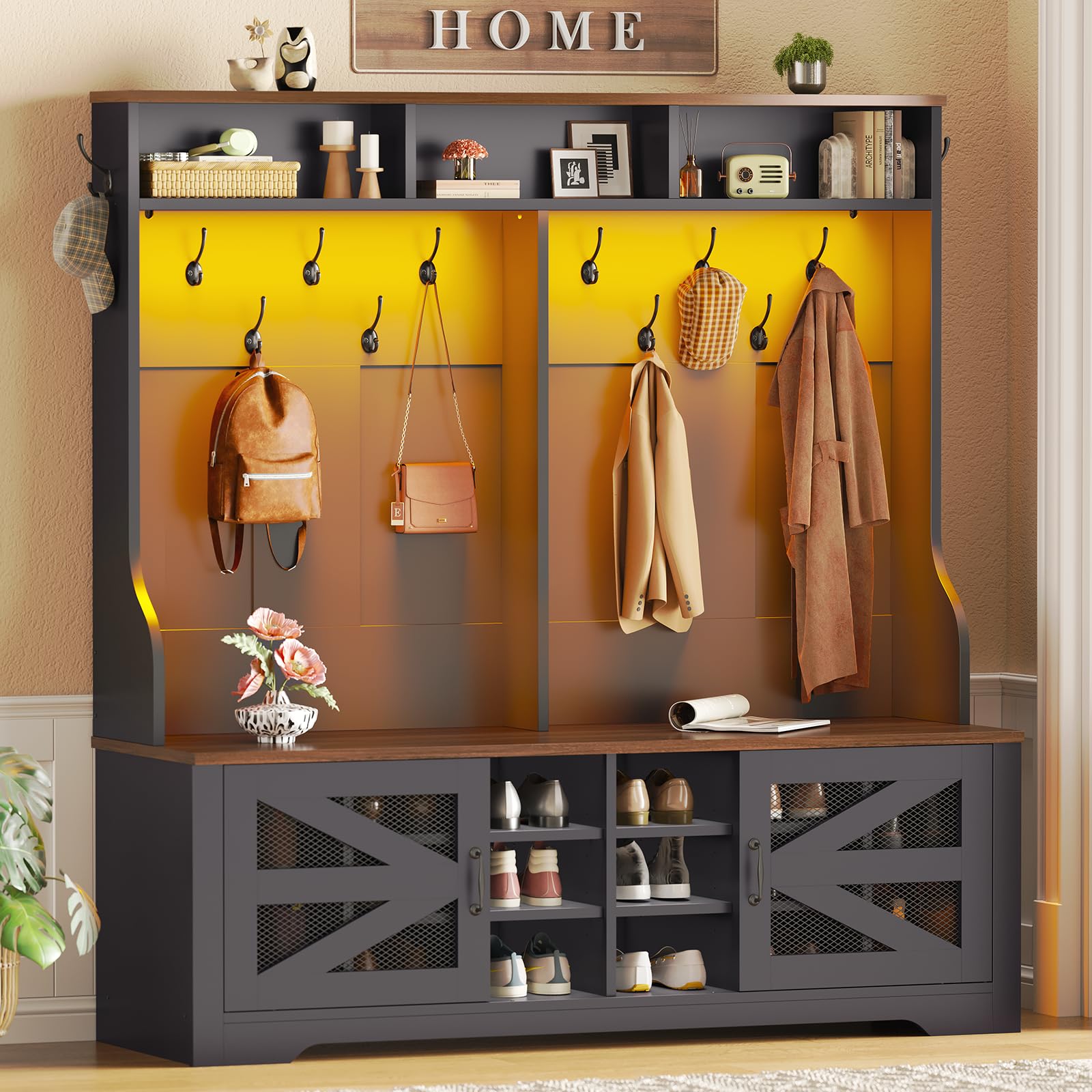 Itaar Hall Tree with Bench and Shoe Storage, 5-in-1 Entryway Bench with Coat Rack, 16 Shoe Cubbies & 12 Coat Hooks, Barn Door & Adjustable Shelf (Black)