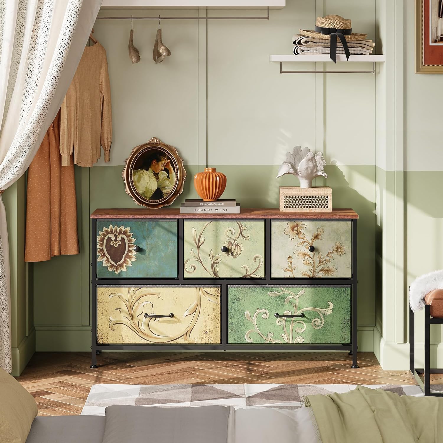 Comò camera da letto con 5 cassetti, design industriale, con piano in legno e cassetti retrò. Perfetto per cassettiera per bambini, mobile portaoggetti camera da letto e mobile industriale legno