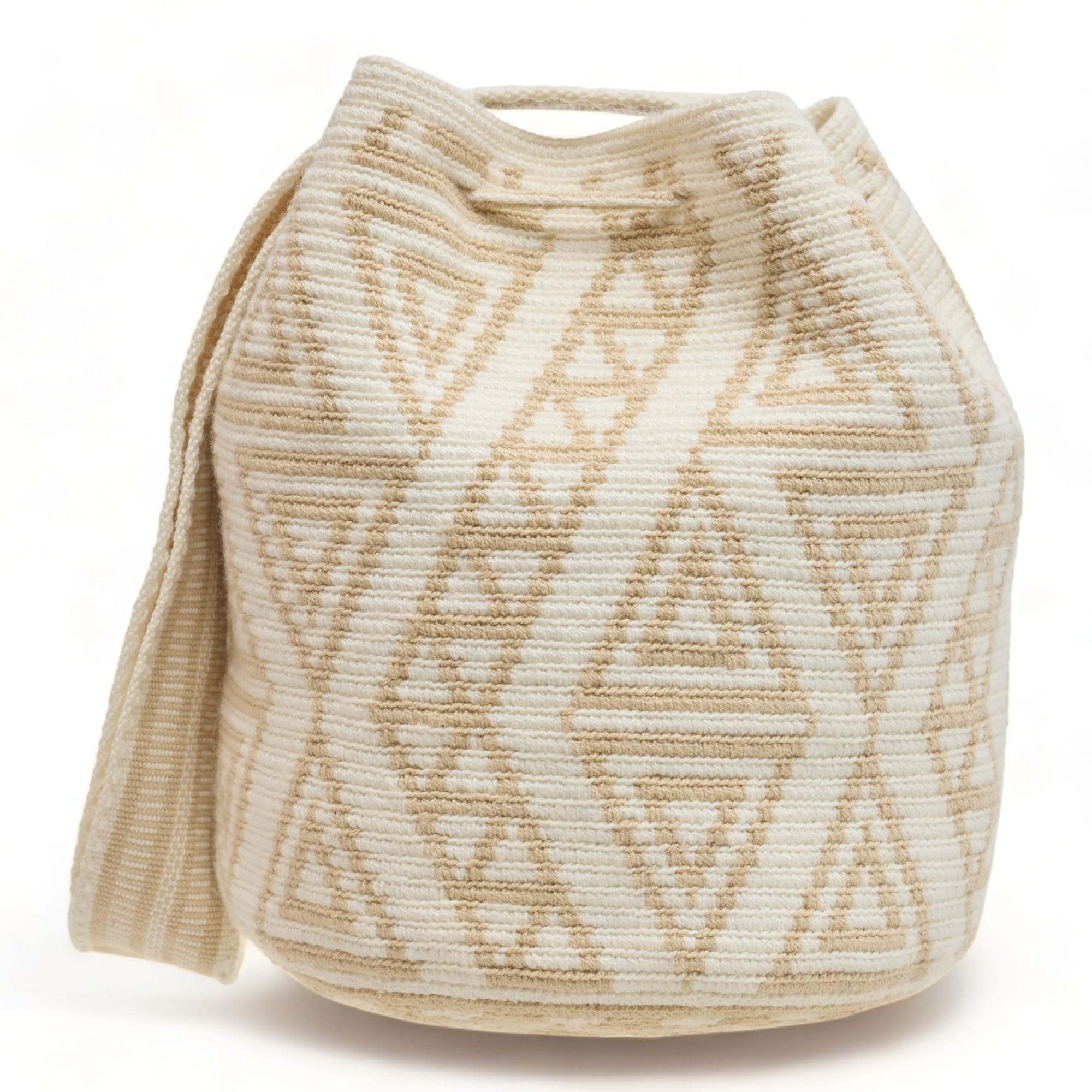 Wayuu Mochila-Tasche, groß, neutrale Farben, authentisches Häkelmuster, handgefertigtes Boho-Fairtrade-Geschenk aus Kolumbien, Mehrfarbig/Meereswellen (Ocean Tides), Large