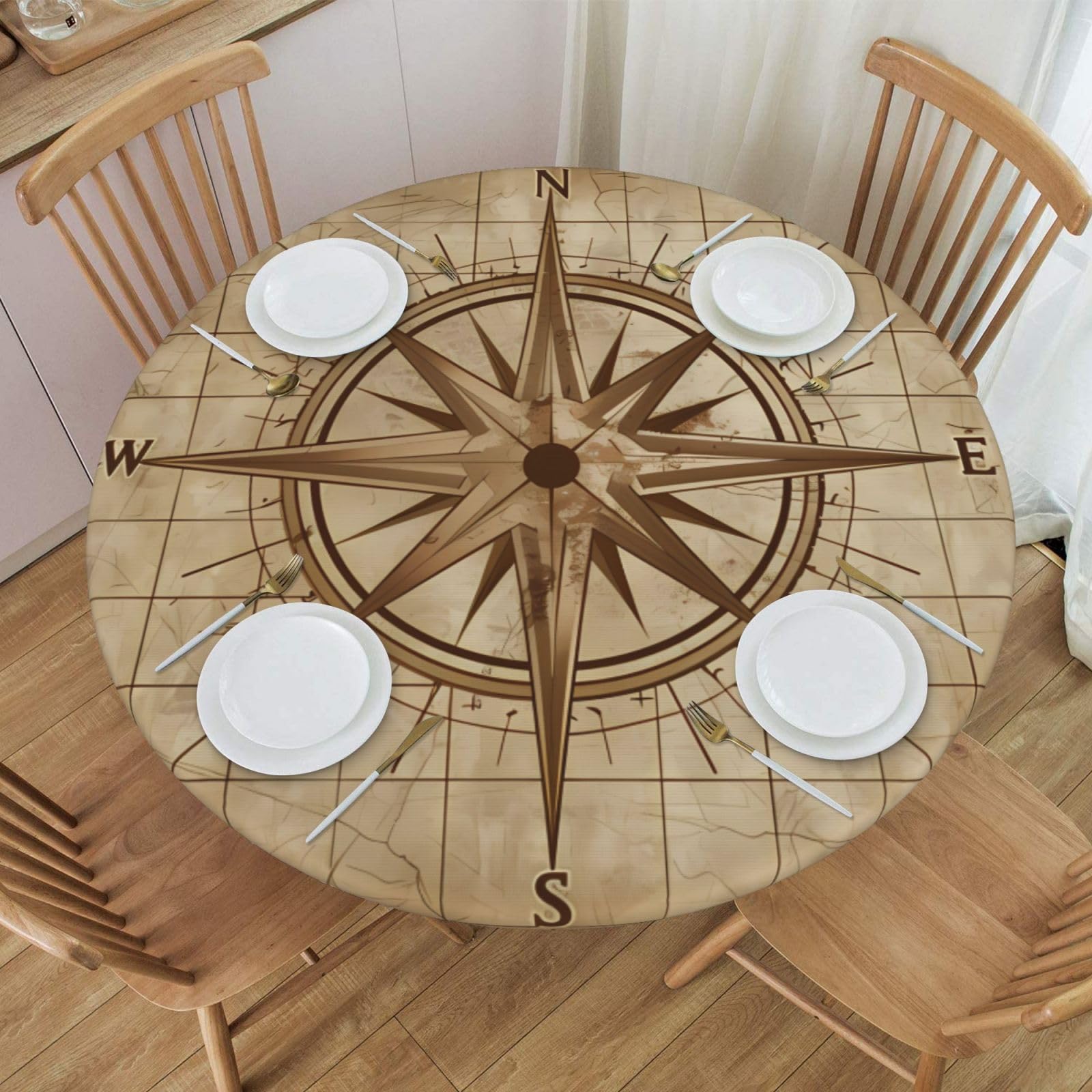 Edafol Retro Sea Ocean Compass Round Fitted Tablecloth with Elastic 45-50 in Polyester Table Cloth Waterproof Table Cover Protector for Home Kitchen Dining Patio Table