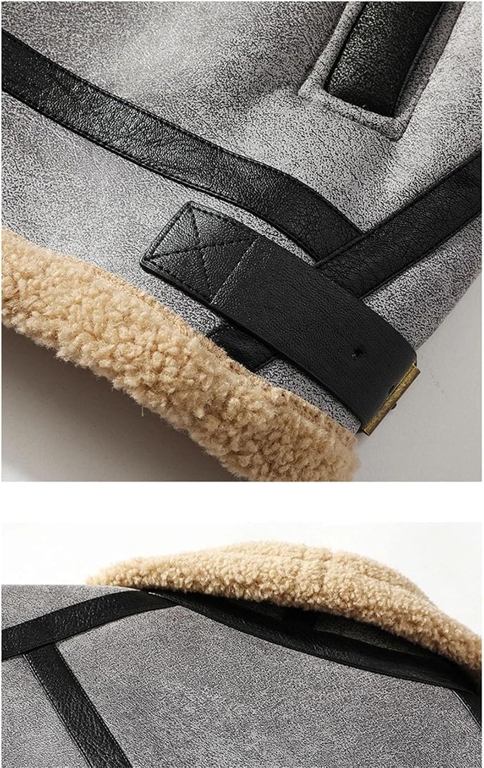 Men Suede Leather Plus Size Jacket Warm Thick Heavy Outwear Faux Lamb Wool Fur Buckle Patchwork Coat