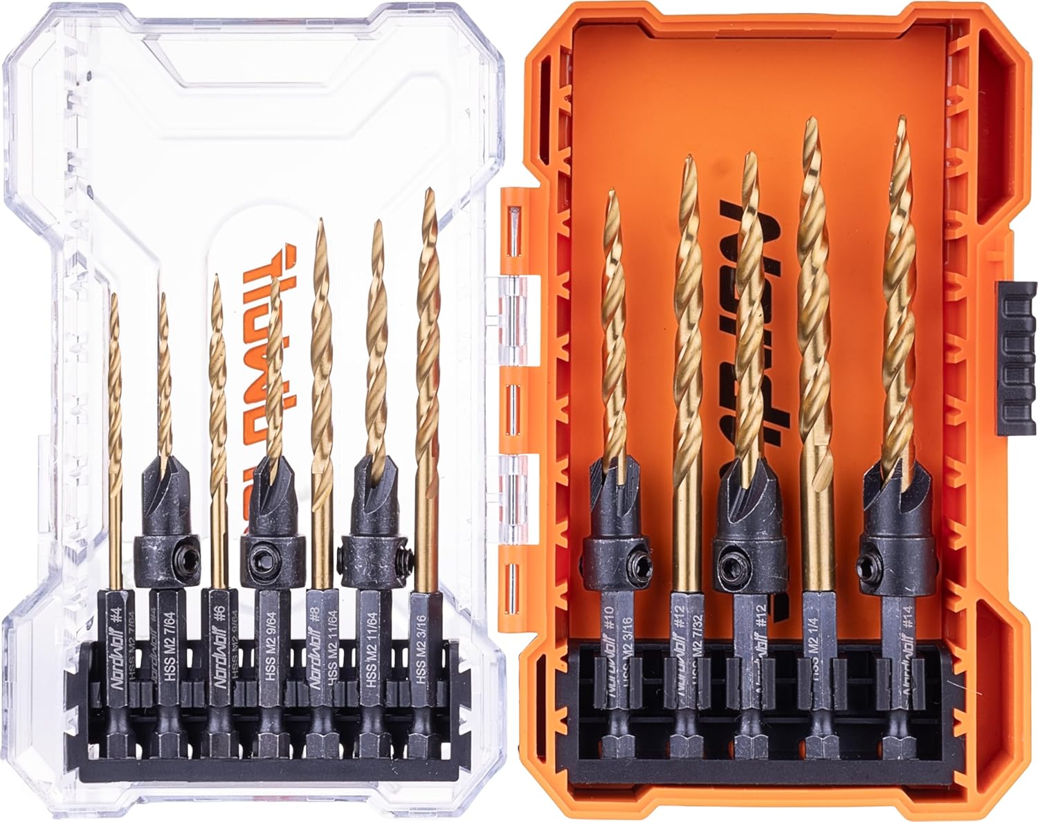 NordWolf 12-Piece HSS M2 Countersink Drill Bit Set, Titanium Nitiride Coated Tapered Drill Bits with 1/4" Hex Shank for Woodworking, Includes Depth Stop Collar & Allen Key Wrench in Storage Case